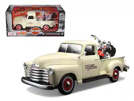 1950 Chevrolet 3100 Pickup Cream "Harley Davidson" 1/25 & 2001 FLSTS Heritage Springer Motorcycle Orange 1/24 by Maisto