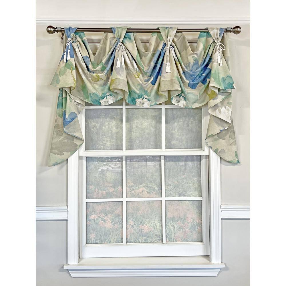 Front. RLF Home - RLF Home Linen Floral 3-Scoop Victory Swag Natural 4 Tabs 64" x 26" For windows up to 60"W - Natural.