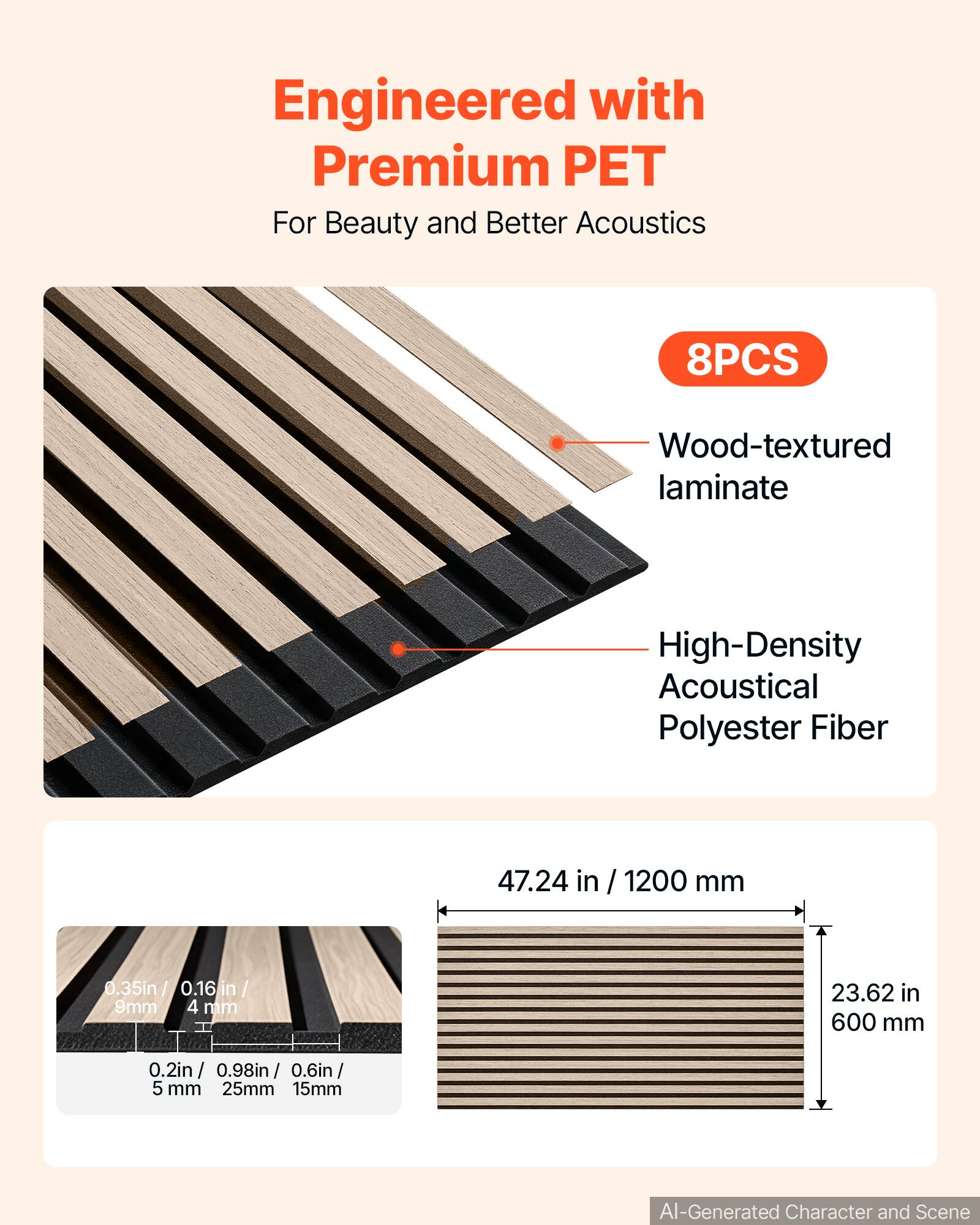 Engineered with Premium PET For Beauty and Better Acoustics

8PCS

Wood-textured laminate

High-Density Acoustical Polyester Fiber

47.24 in / 1200 mm

0.35 in / 0.16 in / 9 mm / 4 mm

23.62 in / 600 mm

0.2 in / 0.98 in / 0.6 in / 5 mm / 25 mm / 15 mm

AI-Generated Character and Scene