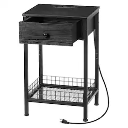 Oumilen - End Table with Drawer, Built-In Power Outlets & Wire Basket - Black