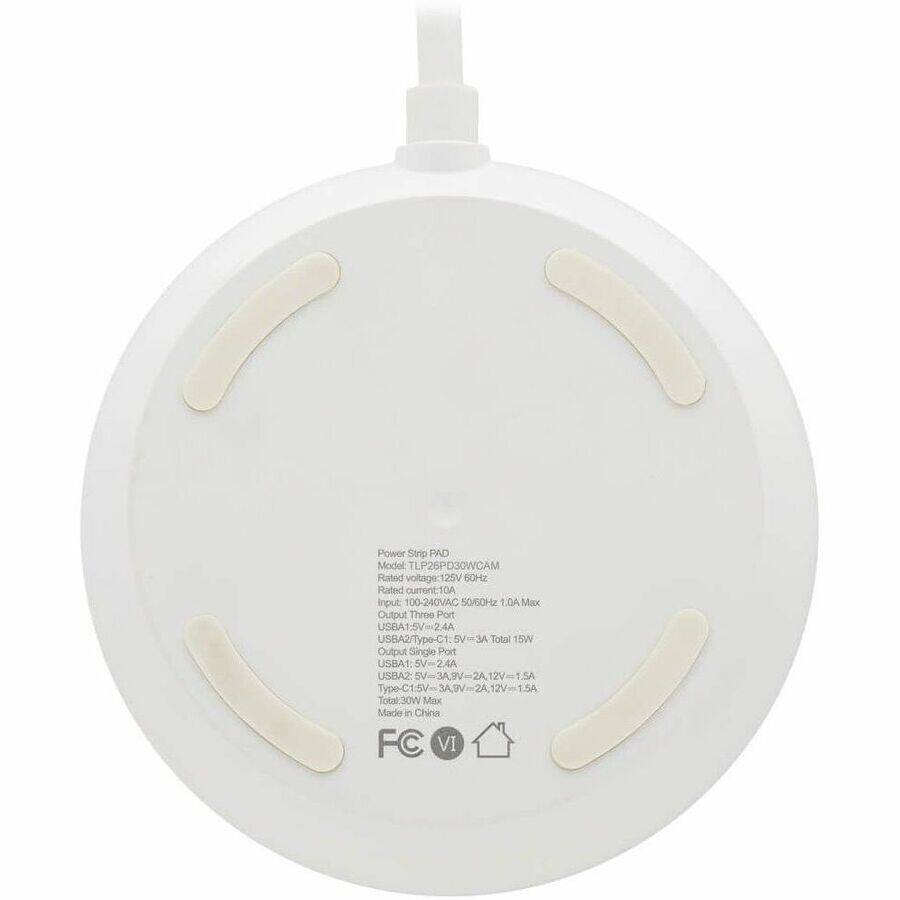 Power Strip PAD  
Model: TLP26PD30WCAM  
Rated Voltage: 120V 60Hz  
Rated Current: 10A  
Input: 100-240VAC 50/60Hz  
Output:  
- Three Ports:  
  - USB-A1: 5V=2.4A  
  - USB-A2/Type-C1: 5V=3A (Total 15W)  
- Single Port:  
  - USB-A1: 5V-24A  
  - USB-A2: 5V=3A, 9V=2A, 12V=1.5A  
  - Type-C1: 5V=3A, 9V=2A, 12V=1.5A  
Total: 30W Max  
Made in China  
FC VI