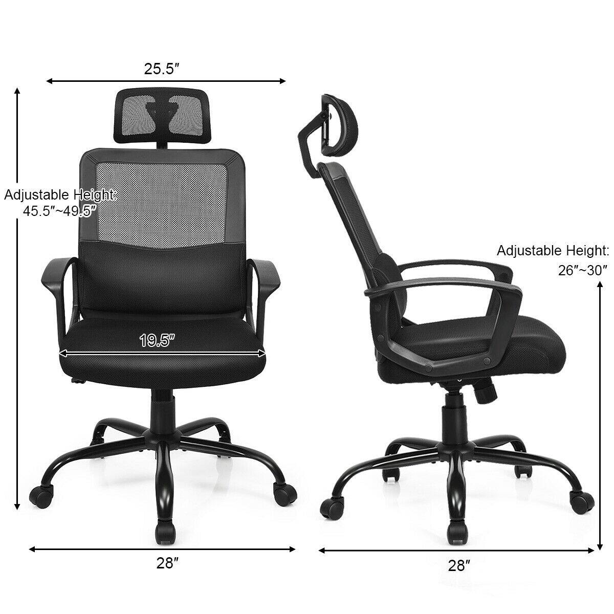 The text on the image reads: "25.5" Adjustable Height: 45.5"~49.5" Adjustable Height: 26"~30" 19.5" 28" 28". This text is describing the adjustable height of the office chair, which can be adjusted between 45.5" and 49.5" (115.5 cm and 125.7 cm) and between 26" and 30" (66 cm and 76.2 cm) in height. The chair also has a width of 19.5" (49.5 cm) and a depth of 28" (71.1 cm).