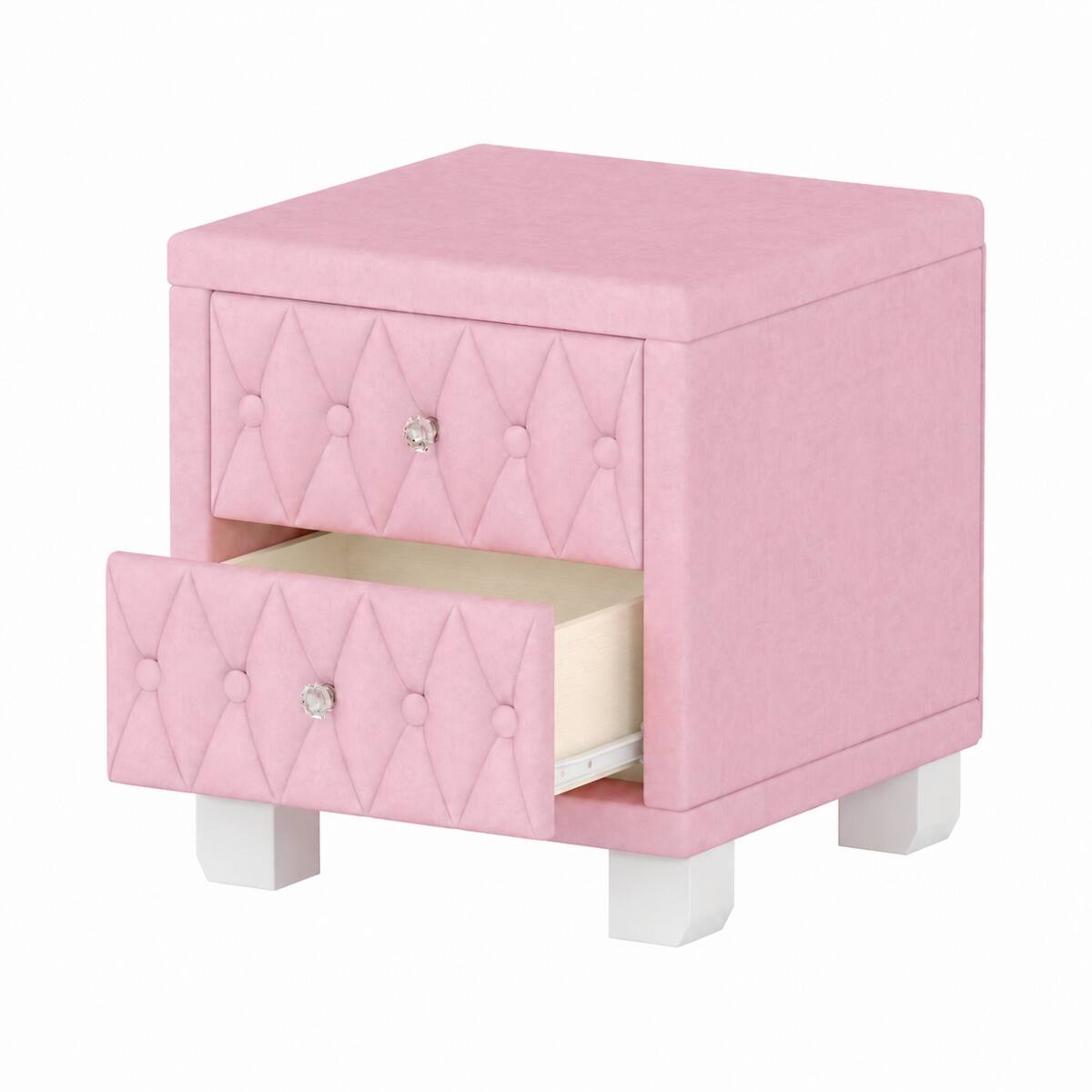 Alt View 4. Loheer - Loheer Pink Velvet Nightstand with Two Drawers, Button-Tufted Design and Crystal Handles, 18.1 in. - Pink.