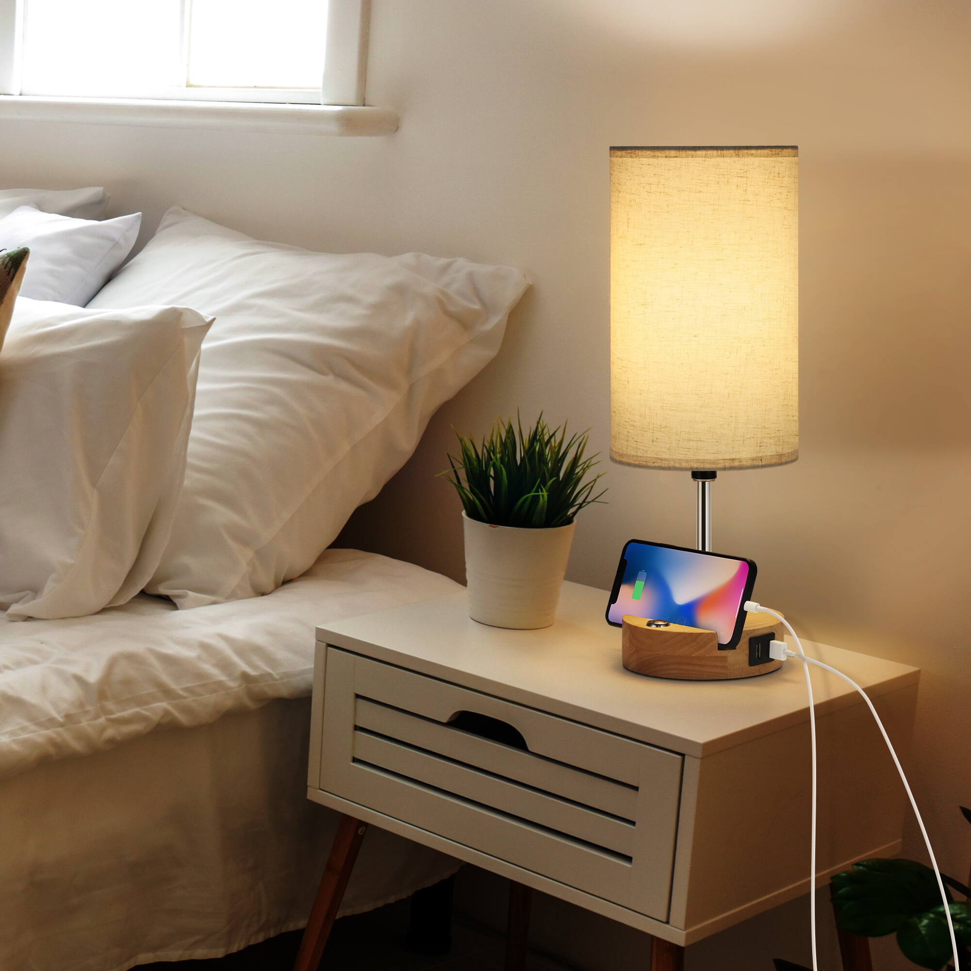 Oumilen 16.1in Wooden Base Table Lamp 2 Pack – Cylinder Linen Shade ...