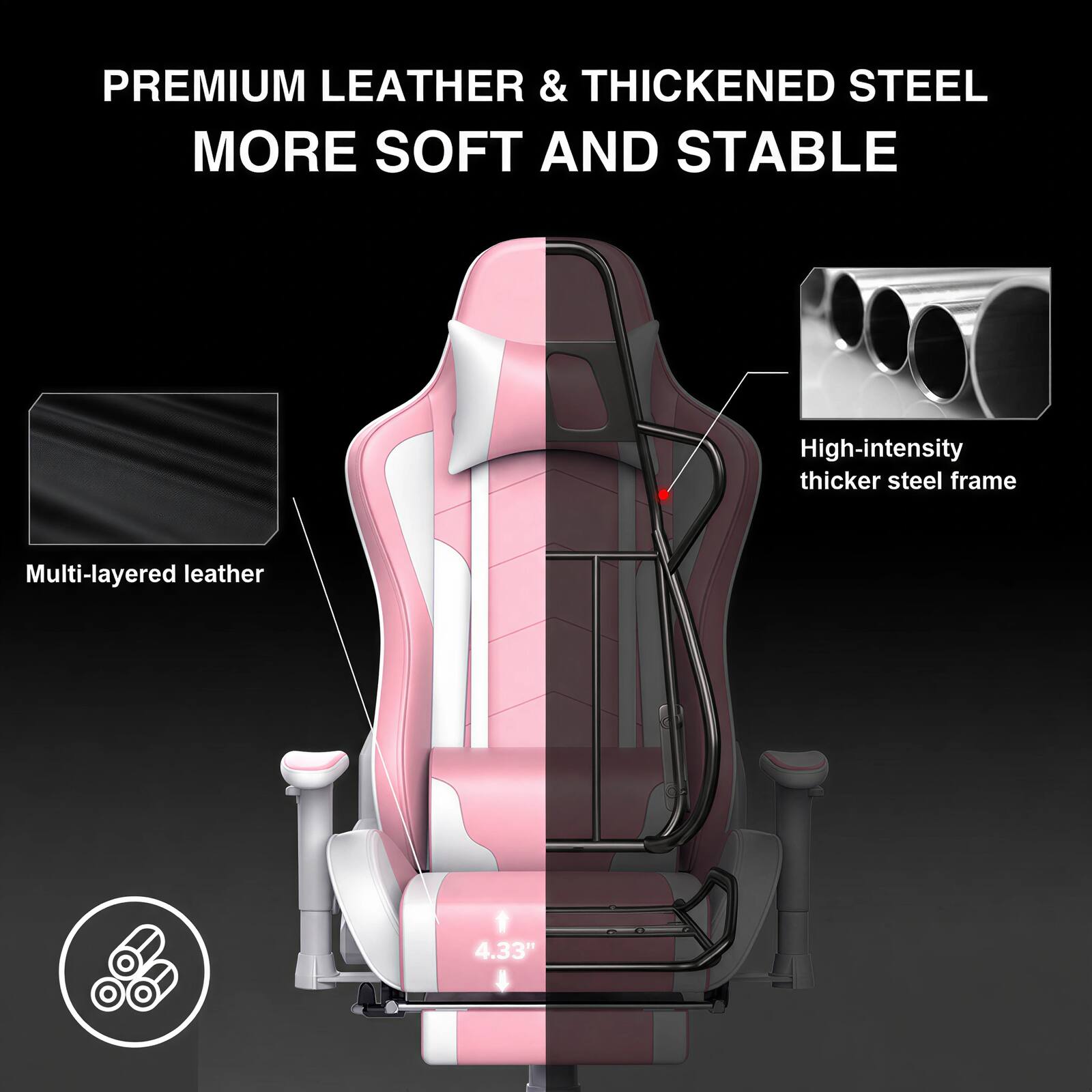 PREMIUM LEATHER & THICKENED STEEL MORE SOFT AND STABLE

High-intensity thicker steel frame

Multi-layered leather

4.33"