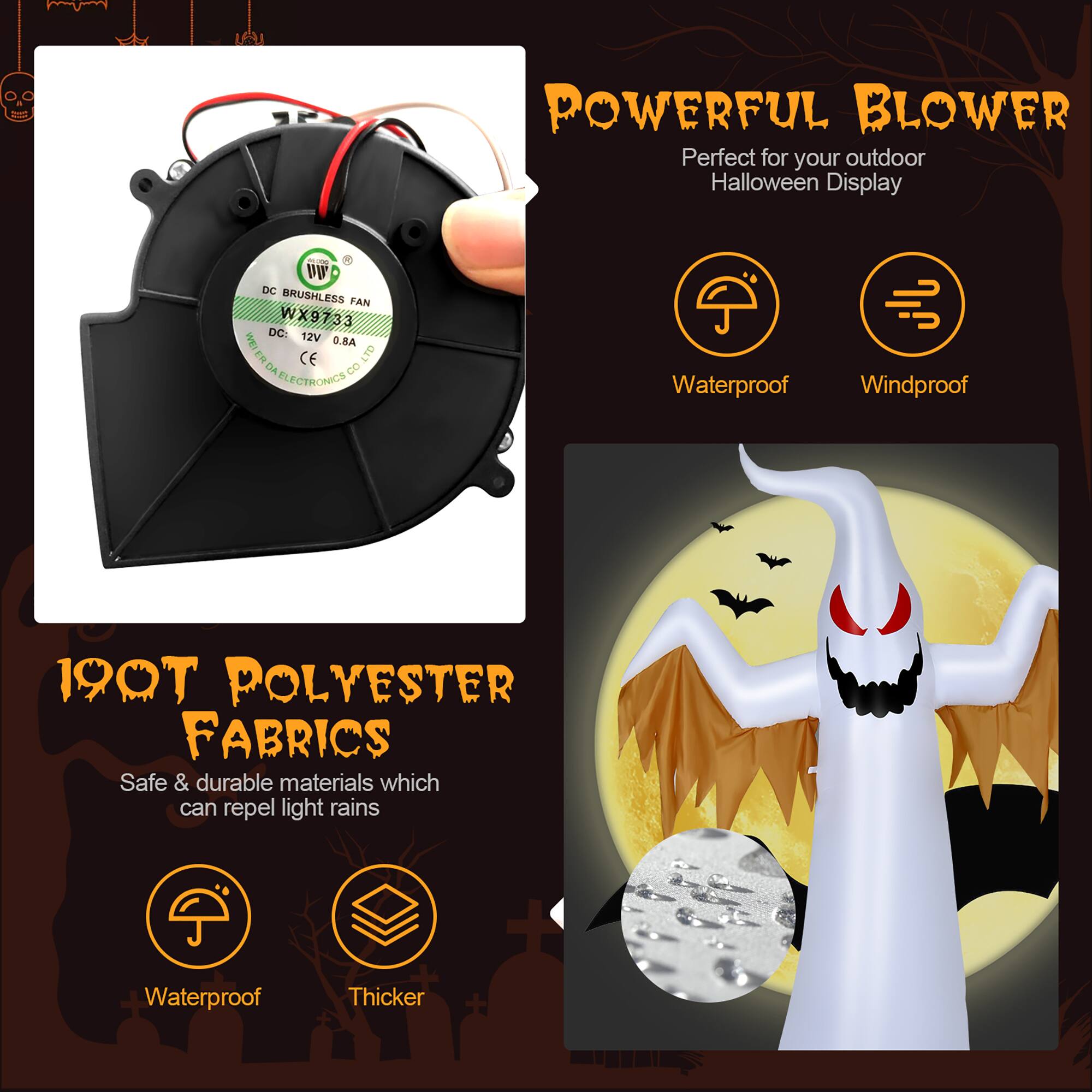 The text on the image is grouped and corrected as follows:

1. Powerful Blower: Perfect for your outdoor Halloween Display
2. 19QT Polyester Fabrics: Safe & durable materials which can repel light rains
3. Waterproof Windproof: Waterproof Thicker