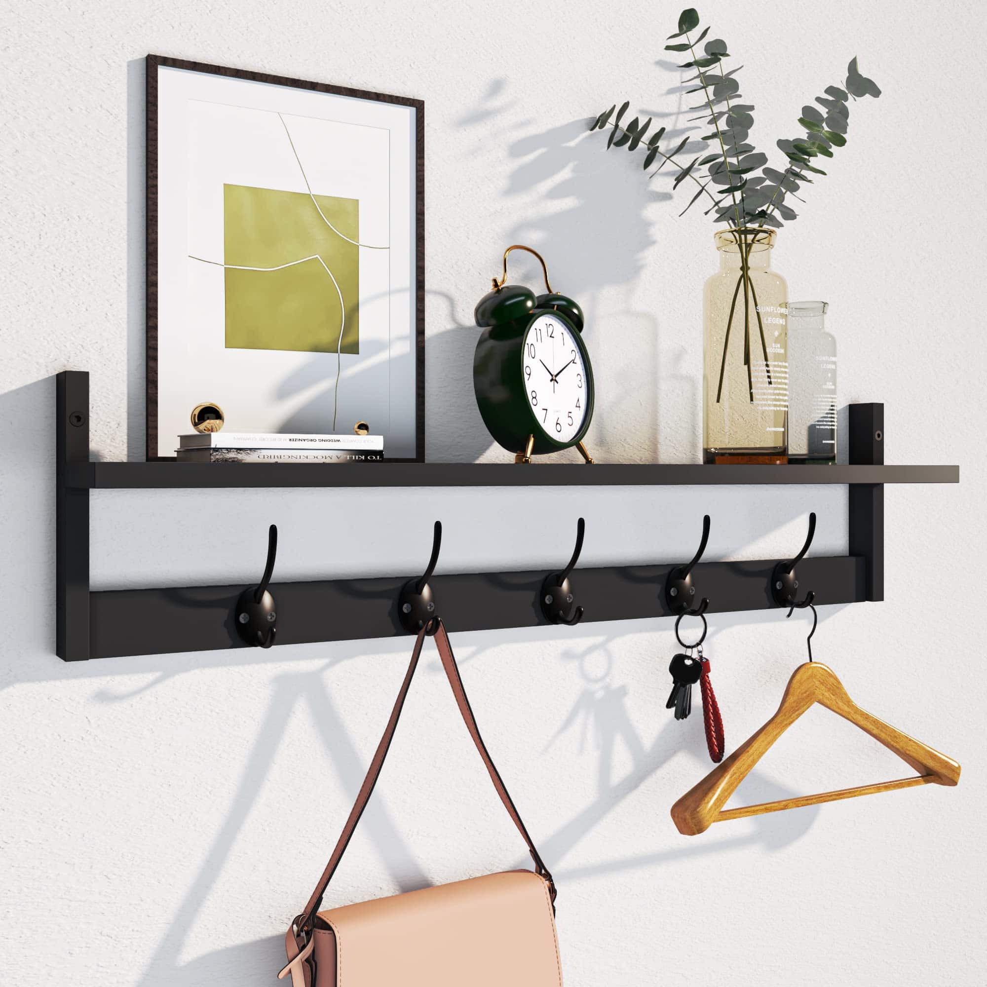 HM 1810 - Wooden Extra-long Wall Hook Rack With Shelf - Versatile And Decorative Wall-mounted Storage For Hanging Coats - 28.9inch Stylish Black