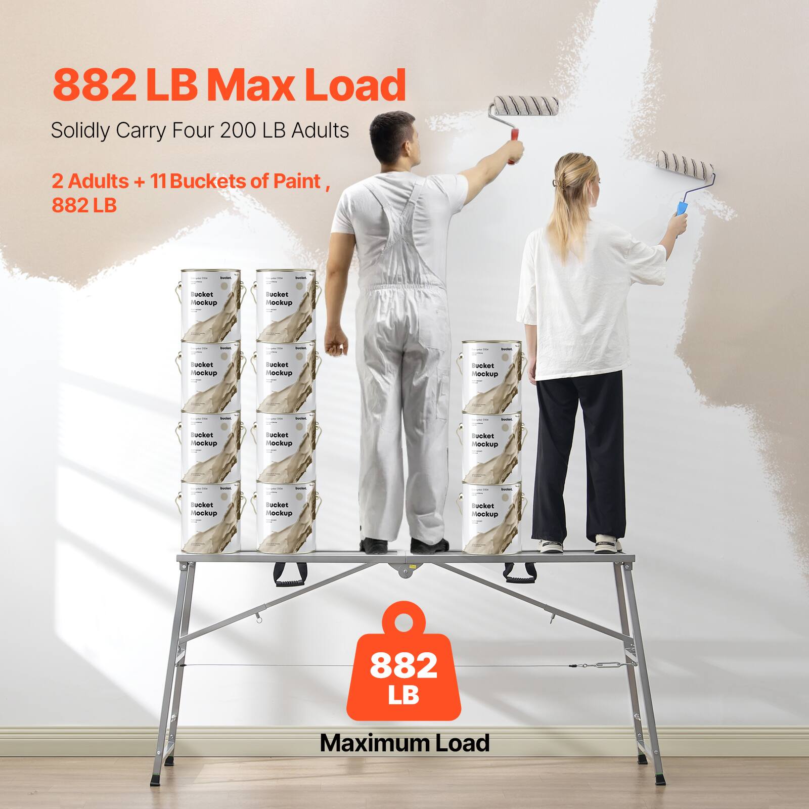882 LB Max Load  
Solidly Carry Four 200 LB Adults  
2 Adults + 11 Buckets of Paint, 882 LB  

Maximum Load