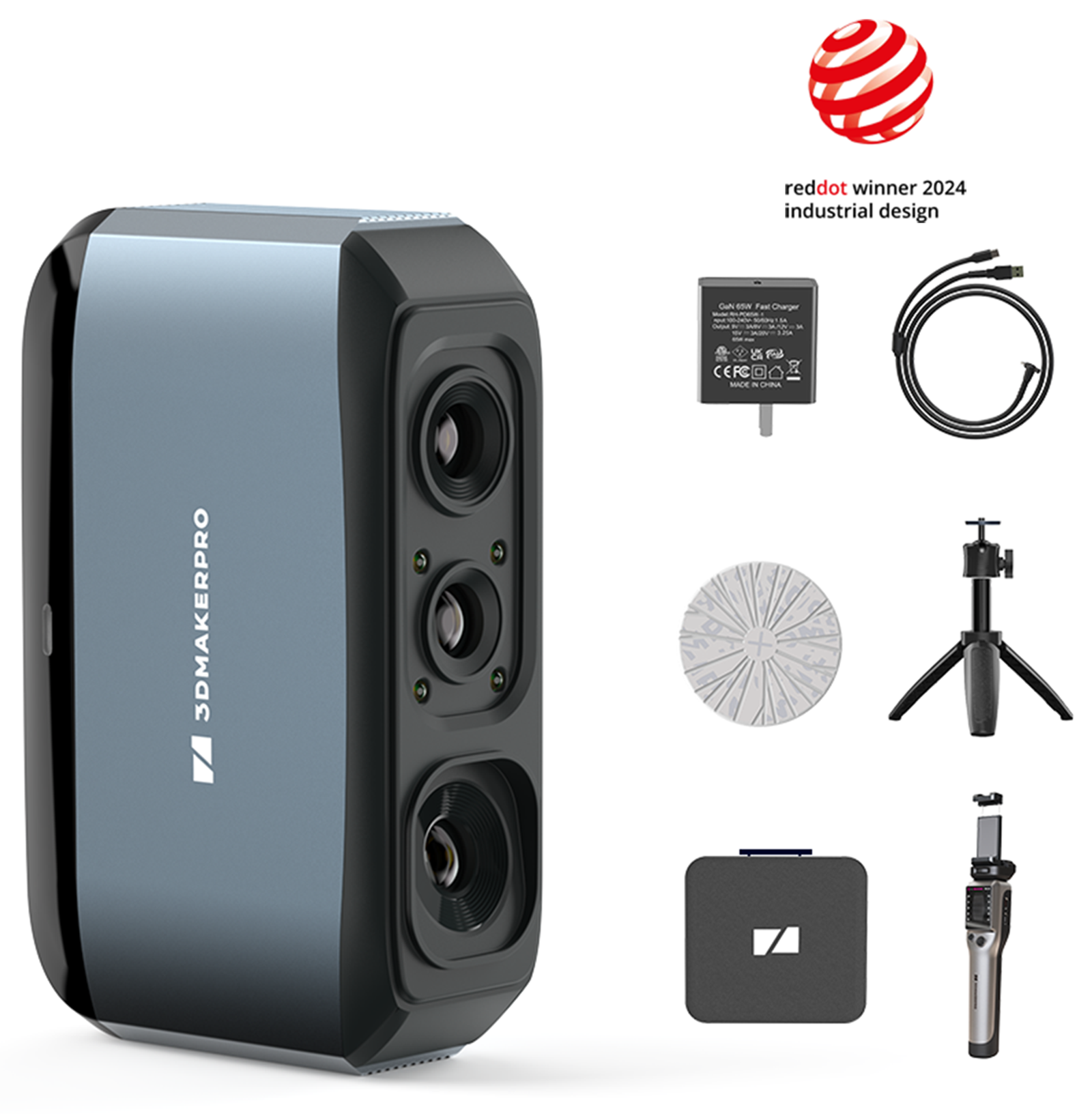 The text on the image reads "reddot winner 2024 industrial design C -n T Carger CERCDO - - Ch 3DMAKERPRO." This suggests that the product, which appears to be a camera or a 3D printer, has won a red dot award for its design in 2024. The award is recognized for its focus on innovative and high-quality industrial design.