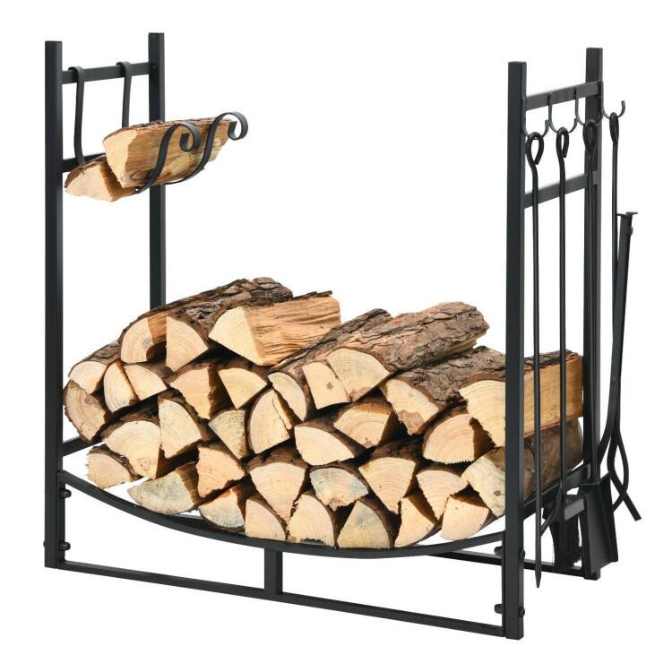 Front. Mondawe - 30 Inch Firewood Rack with 4 Tool Set Kindling Holders - Black.