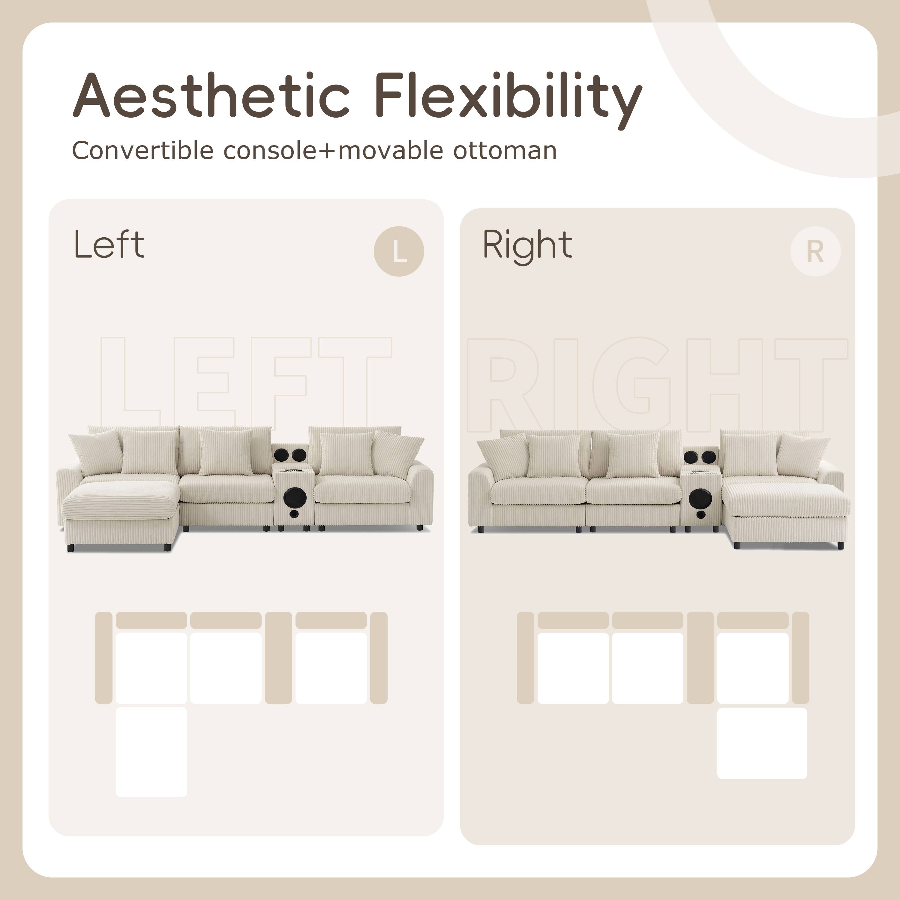 Aesthetic Flexibility  
Convertible console+movable ottoman  

Left L  
Right R  

LEFT  
RIGHT
