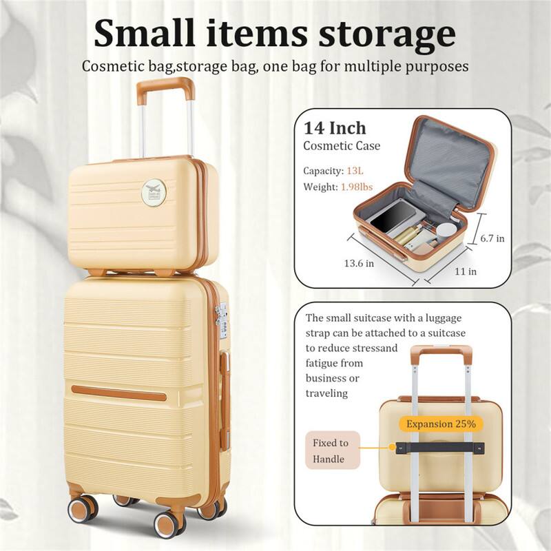 Small items storage  
Cosmetic bag, storage bag, one bag for multiple purposes  

14 Inch Cosmetic Case  
Capacity: 13L  
Weight: 1.98lbs  
Dimensions: 6.7 in x 13.6 in x 11 in  

The small suitcase with a luggage strap can be attached to a suitcase to reduce stress and fatigue from business or traveling.  

Fixed to Handle  
Expansion 25%