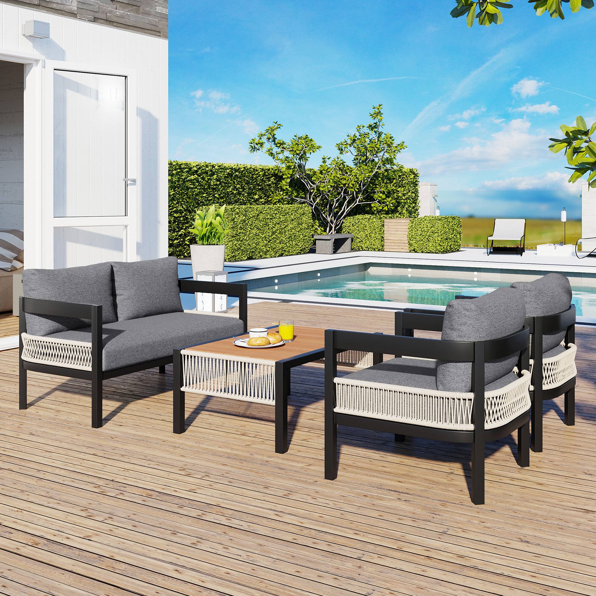 Angle. Siljoy - Multi-Seat Outdoor Iron Sofa Set w/ Table, Rattan Decor, Waterproof & Rustproof, Garden & Lawn - Grey.