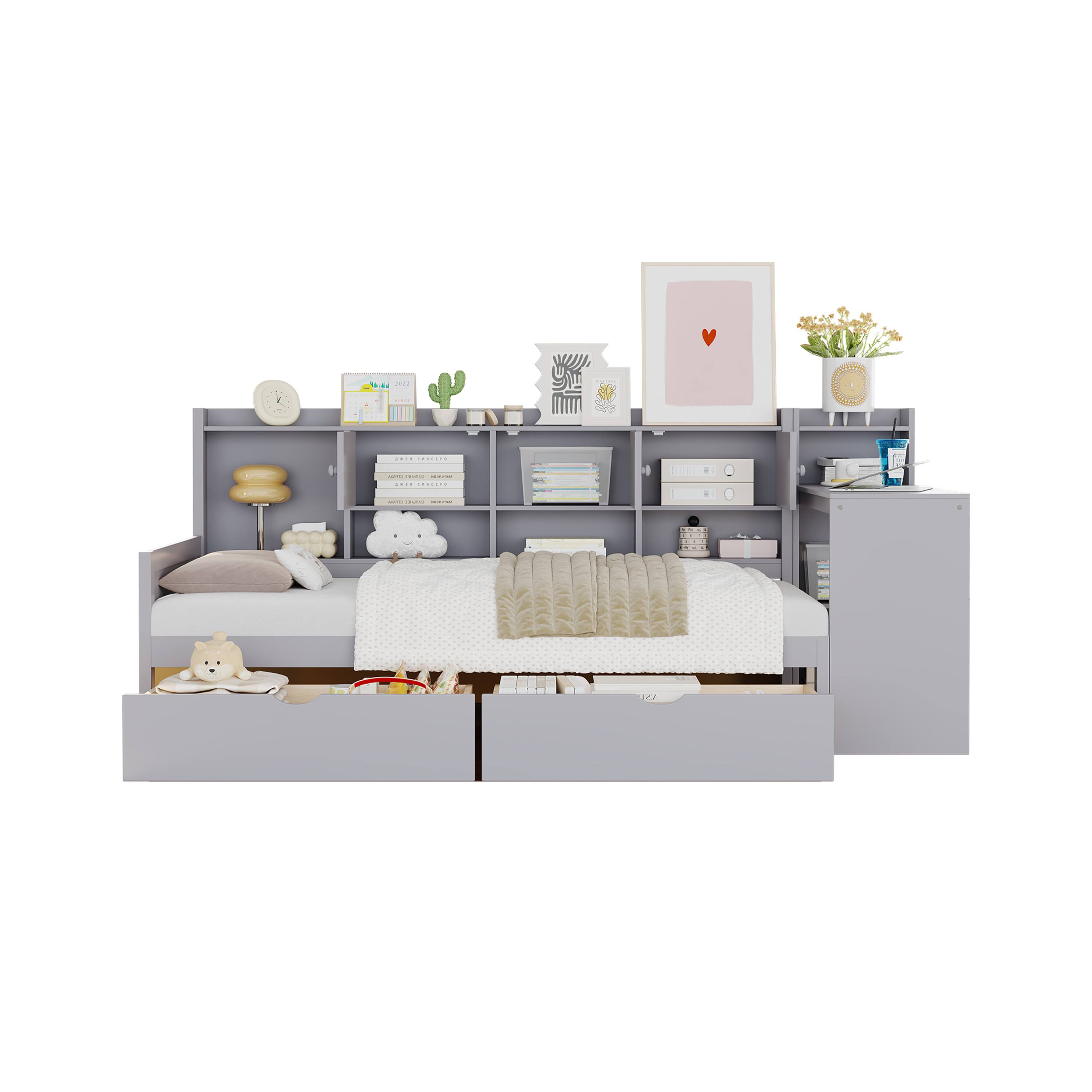 Alt View 2. TinyHomie - Twin Size Daybed with Storage 3 Cabinets 2 Drawers Wooden L-Shape Daybed Frame with Study Desk and Built-in Bookshelf - Gray.