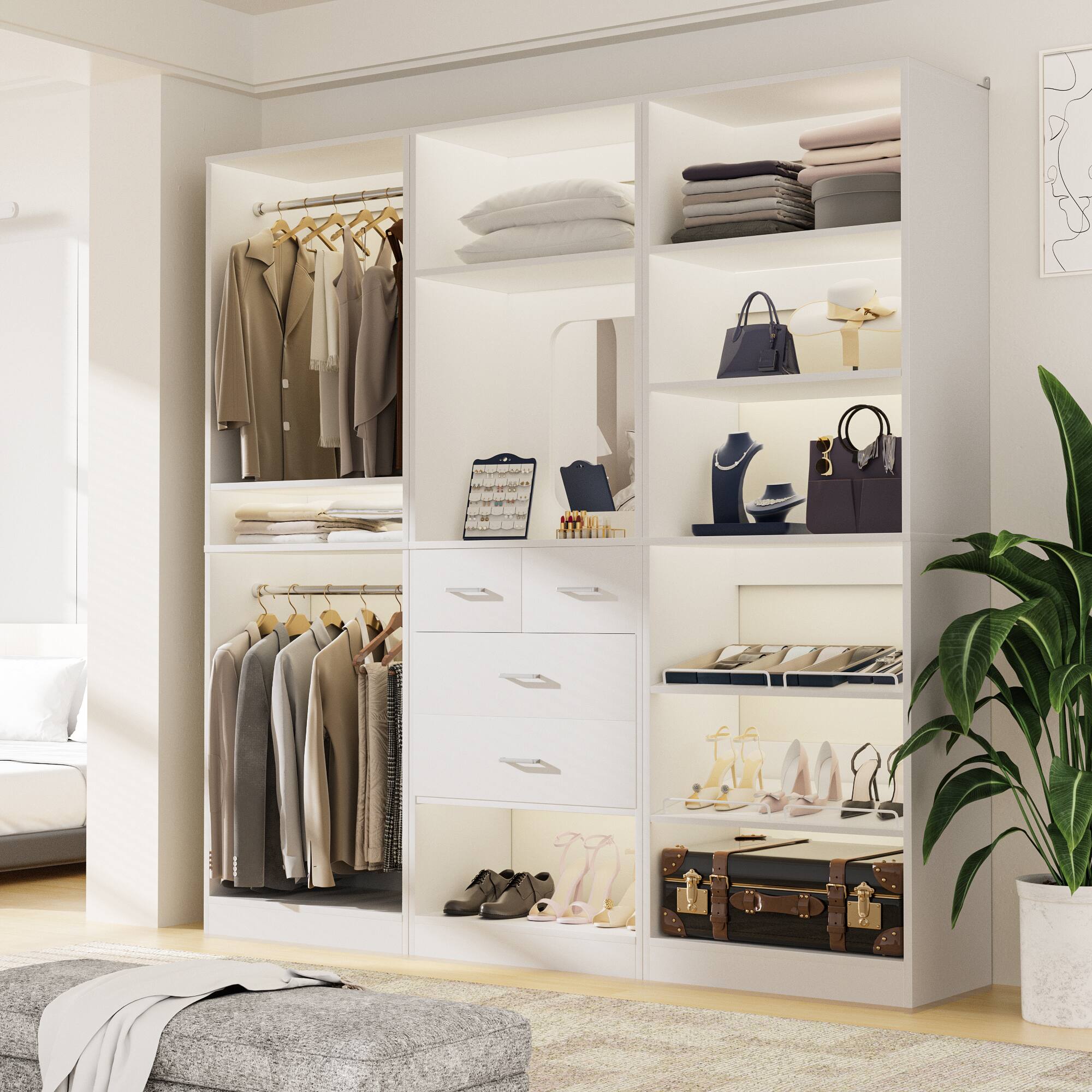 Alt View 3. Aheaplus - 75'' Wide Walk-in Closet Organizer System, All-in-One Storage System with Drawers, Hanging Rods and Shelves - White.