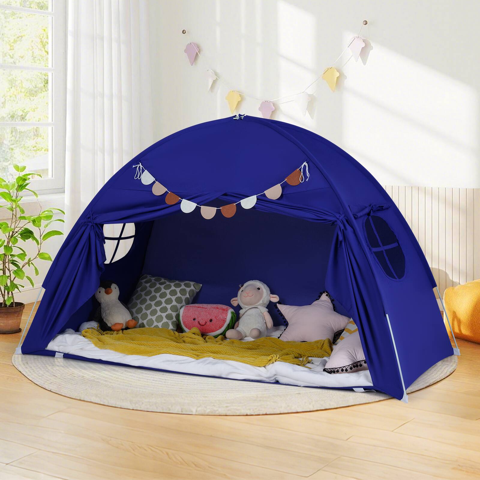 Alt View 1. Gymax - Gymax Twin Full Size Bed Tent w/2 Windows Flags for Boys & Girls Aged 3+ Years Old Navy - Navy.