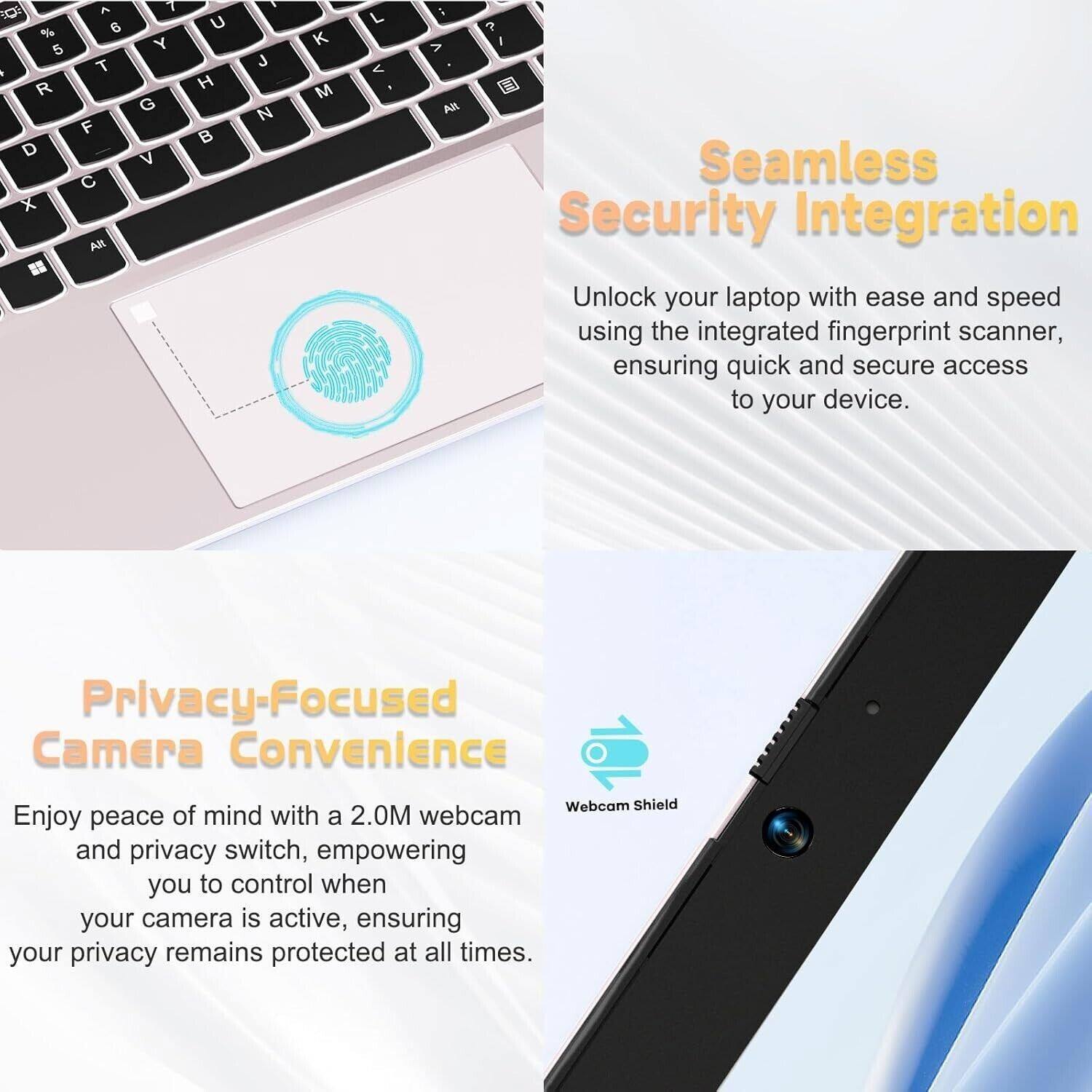Seamless Security Integration  
Unlock your laptop with ease and speed using the integrated fingerprint scanner, ensuring quick and secure access to your device.

Privacy-Focused Camera Convenience  
Enjoy peace of mind with a 2.0M webcam and privacy switch, empowering you to control when your camera is active, ensuring your privacy remains protected at all times.