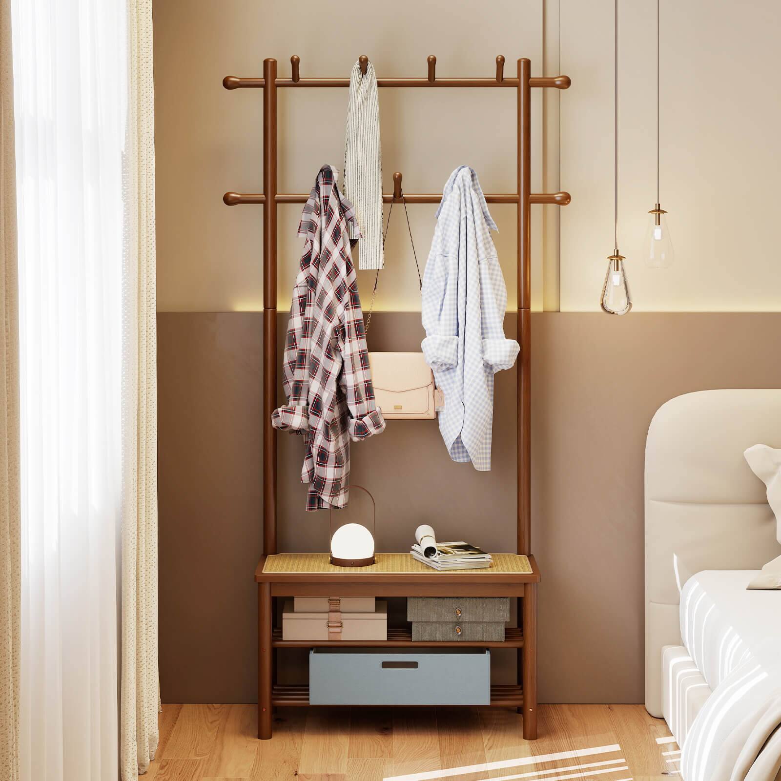 Alt View 4. Costway - Costway Bamboo Coat Rack with Bench Shoe Storage 2 Hanging Rods 11 Hanging Hooks Shelves - Brown.