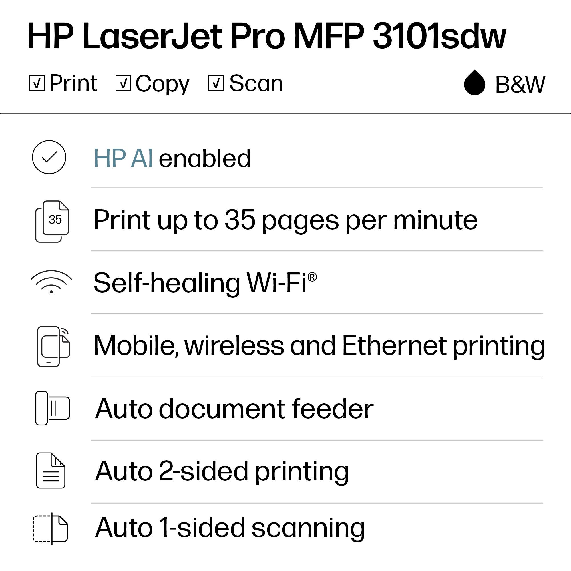 HP LaserJet Pro MFP 3101sdw  
B&W

- Print
- Copy
- Scan

HP AI enabled  
Print up to 35 pages per minute  
Self-healing Wi-Fi®  
Mobile, wireless and Ethernet printing  
Auto document feeder  
Auto 2-sided printing  
Auto 1-sided scanning