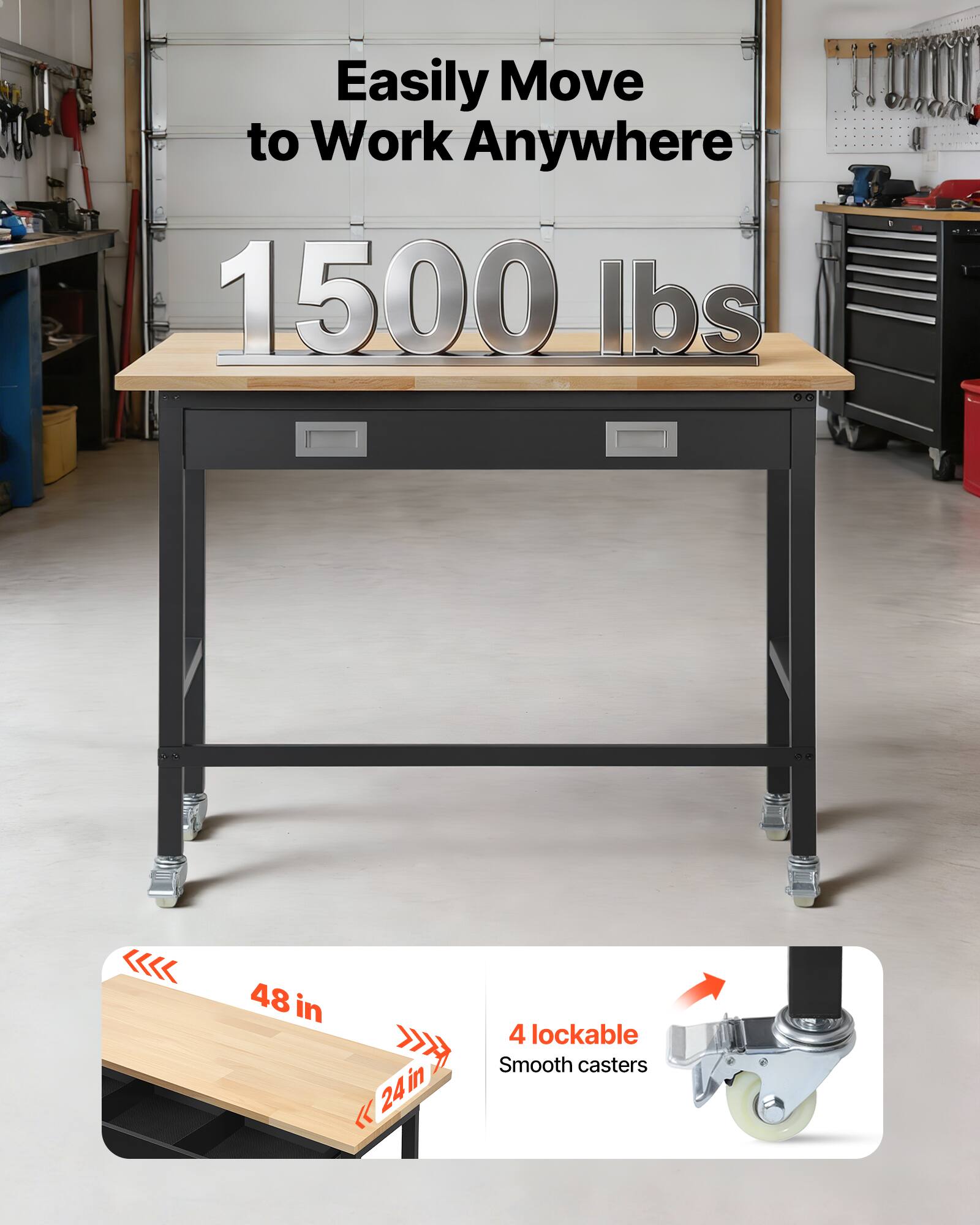Easily Move to Work Anywhere  
1500 lbs  
48 in x 24 in  
4 lockable Smooth casters