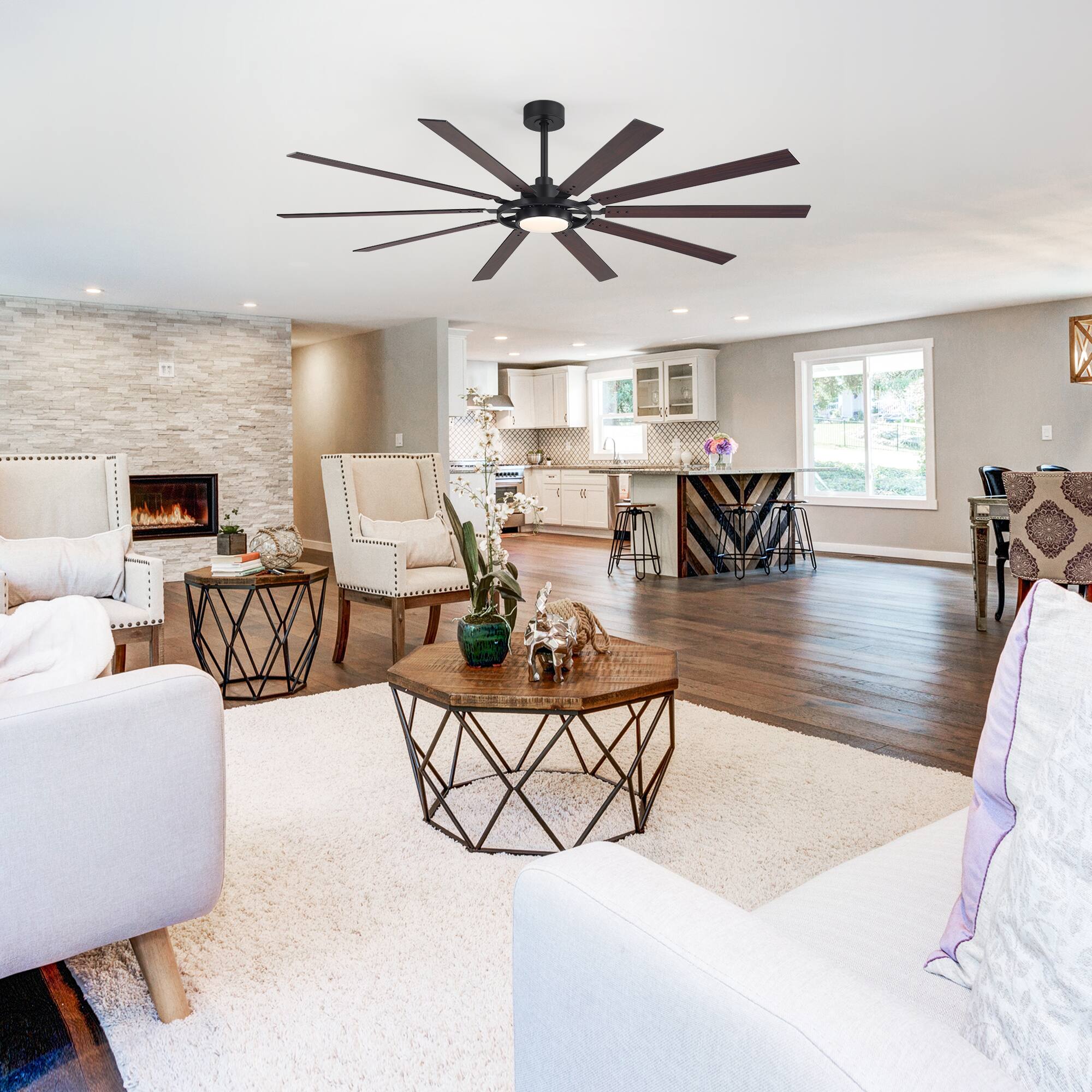 Alt View 8. Breezary - 80-Inch Large Ceiling Fan with LED Light, 10 Blades, DC Motor, Reversible Airflow, 6 Speeds, Timer and Remote Control - Black and Walnut.