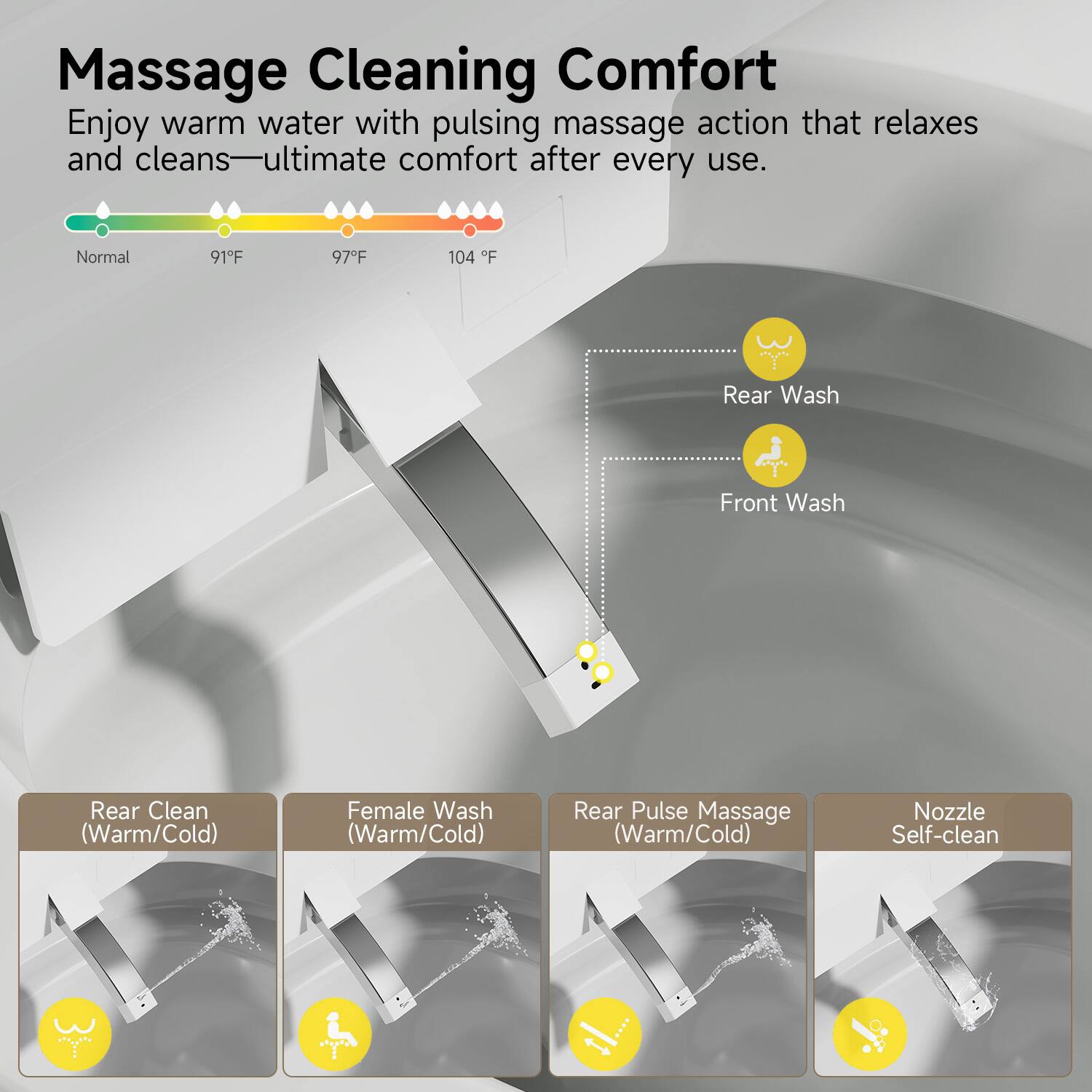 Massage Cleaning Comfort

Enjoy warm water with pulsing massage action that relaxes and cleans—ultimate comfort after every use.

Normal 91°F 97°F 104°F

Rear Wash  
Front Wash  
Rear Clean (Warm/Cold)  
Female Wash (Warm/Cold)  
Rear Pulse Massage (Warm/Cold)  
Nozzle Self-clean