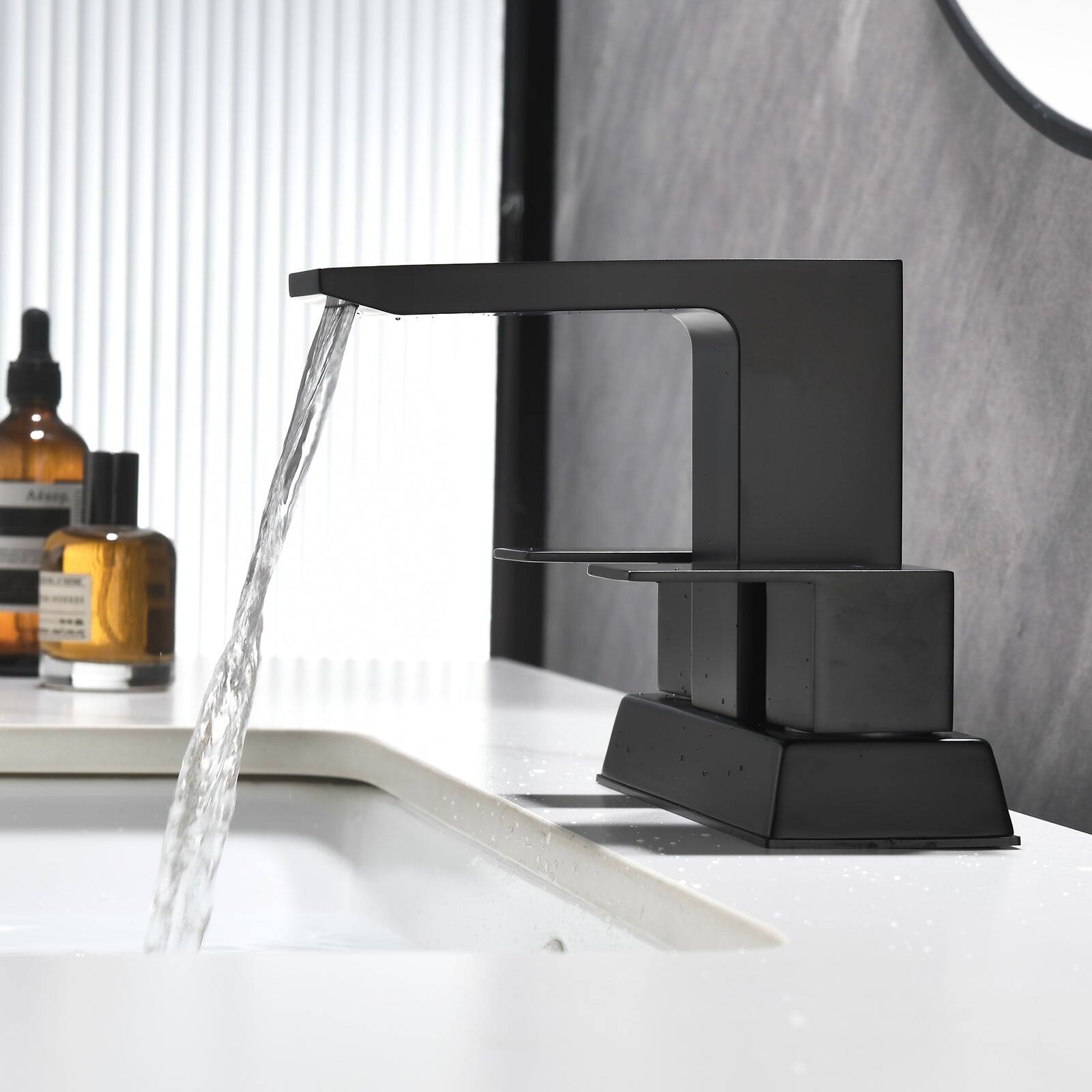 Alt View 4. Boyel Living - Black 4 Inch Centerset Faucet SUS304 Waterfall Spout 1.2GPM Dual Handle Pop Up Drain - Matte Black.