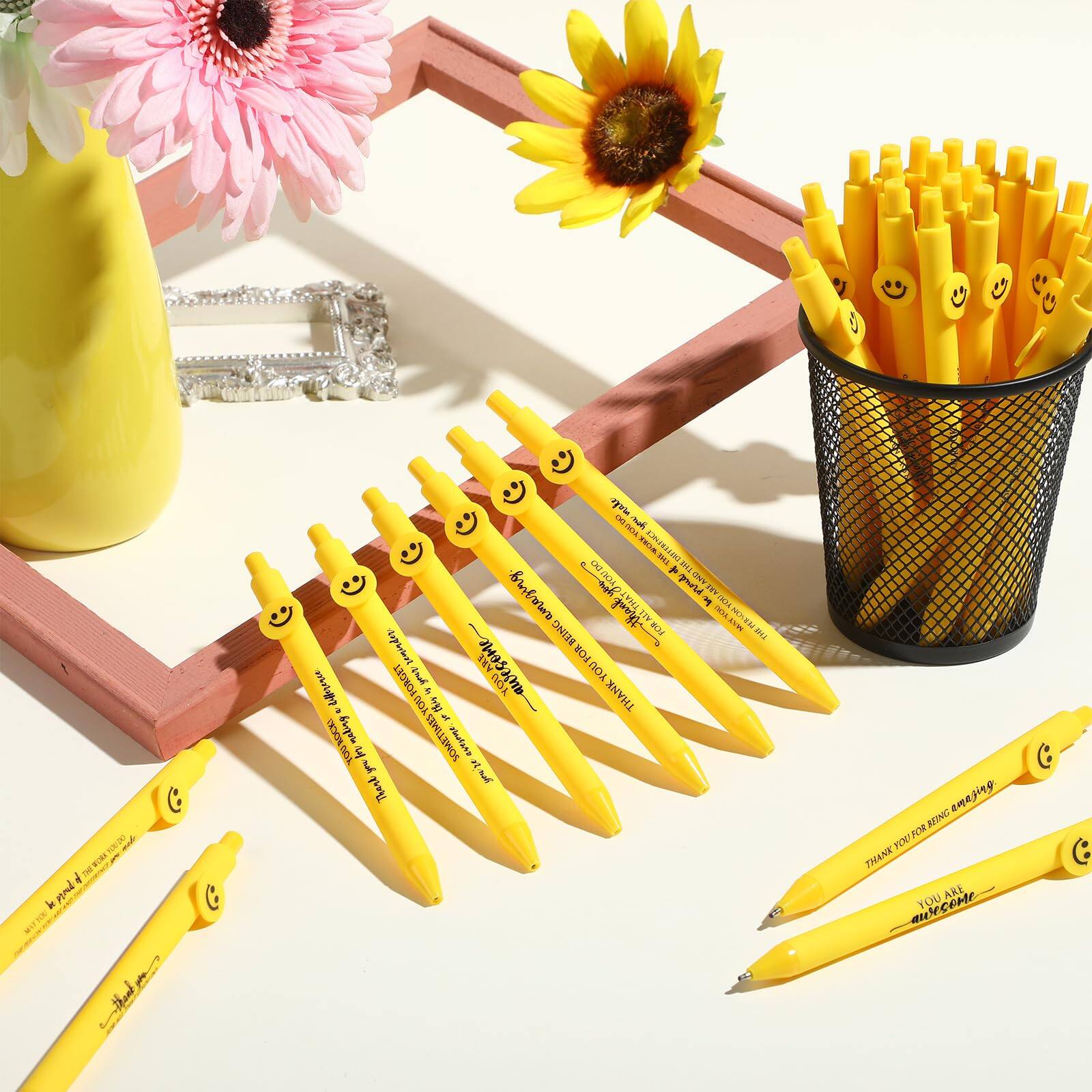 Sure, here is the corrected and grouped text from the image:

---

**On the Pens:**
- "THANK YOU FOR RING RANGING"
- "YOU ARE AWESOME"

**On the Frame:**
- "THANK YOU FOR RING RANGING"
- "YOU ARE AWESOME"

**On the Vase:**
- "THANK YOU FOR RING RANGING"
- "YOU ARE AWESOME"

**On the Cup:**
- "THANK YOU FOR RING RANGING"
- "YOU ARE AWESOME"

---

This text is consistent across all the items in the image.