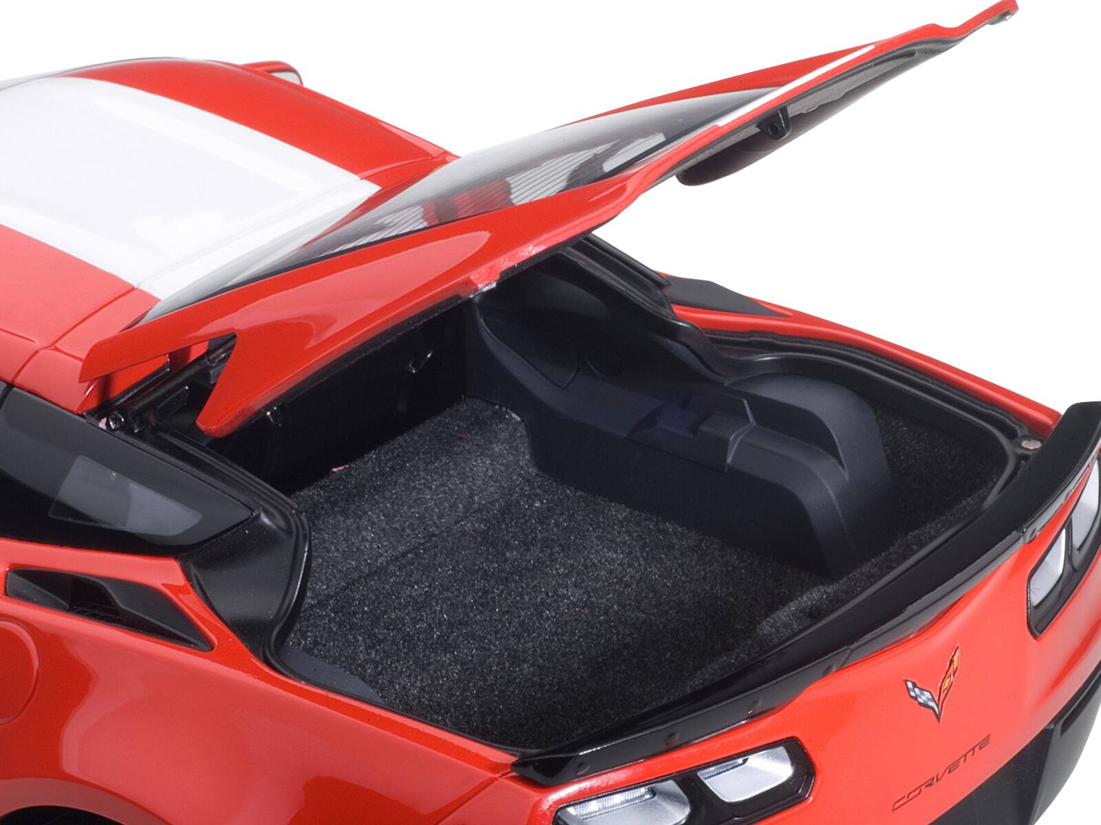 Left. Autoart - 2017 Chevrolet Corvette C7 Grand Sport Red with White Stripe and Black Fender Hash Marks 1/18 Model Car by Autoart - Red With White Stripe And Black Fender.