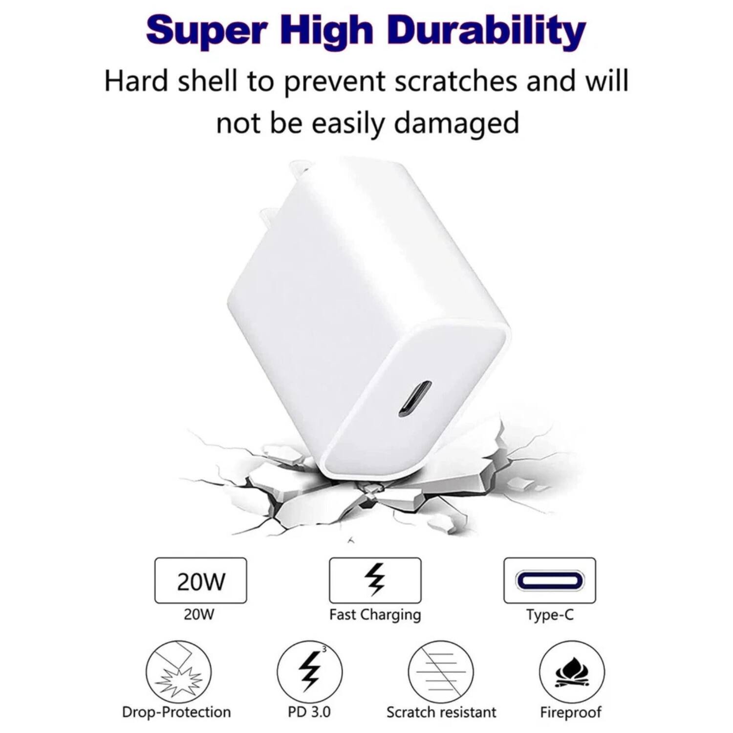 Super High Durability  
Hard shell to prevent scratches and will not be easily damaged  

20W  
20W  
Fast Charging  
Type-C  
Drop-Protection  
PD 3.0  
Scratch resistant  
Fireproof