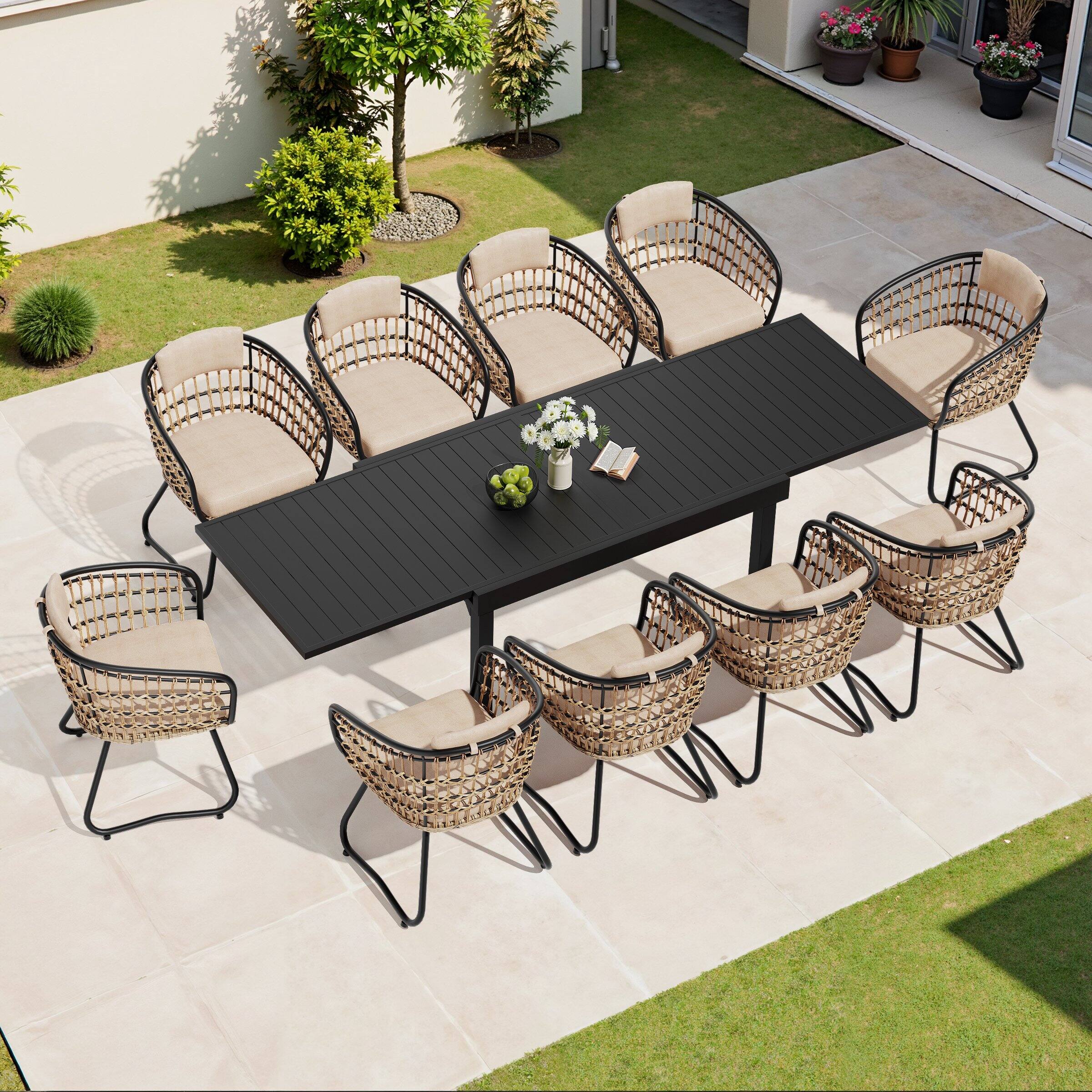 Front. Crestlive Products - Crestlive Products 5/7/11pc Water Proof Extendable All-Aluminum Patio Dining Set Table Wicker Chairs with Cushion - Beige-11PC.