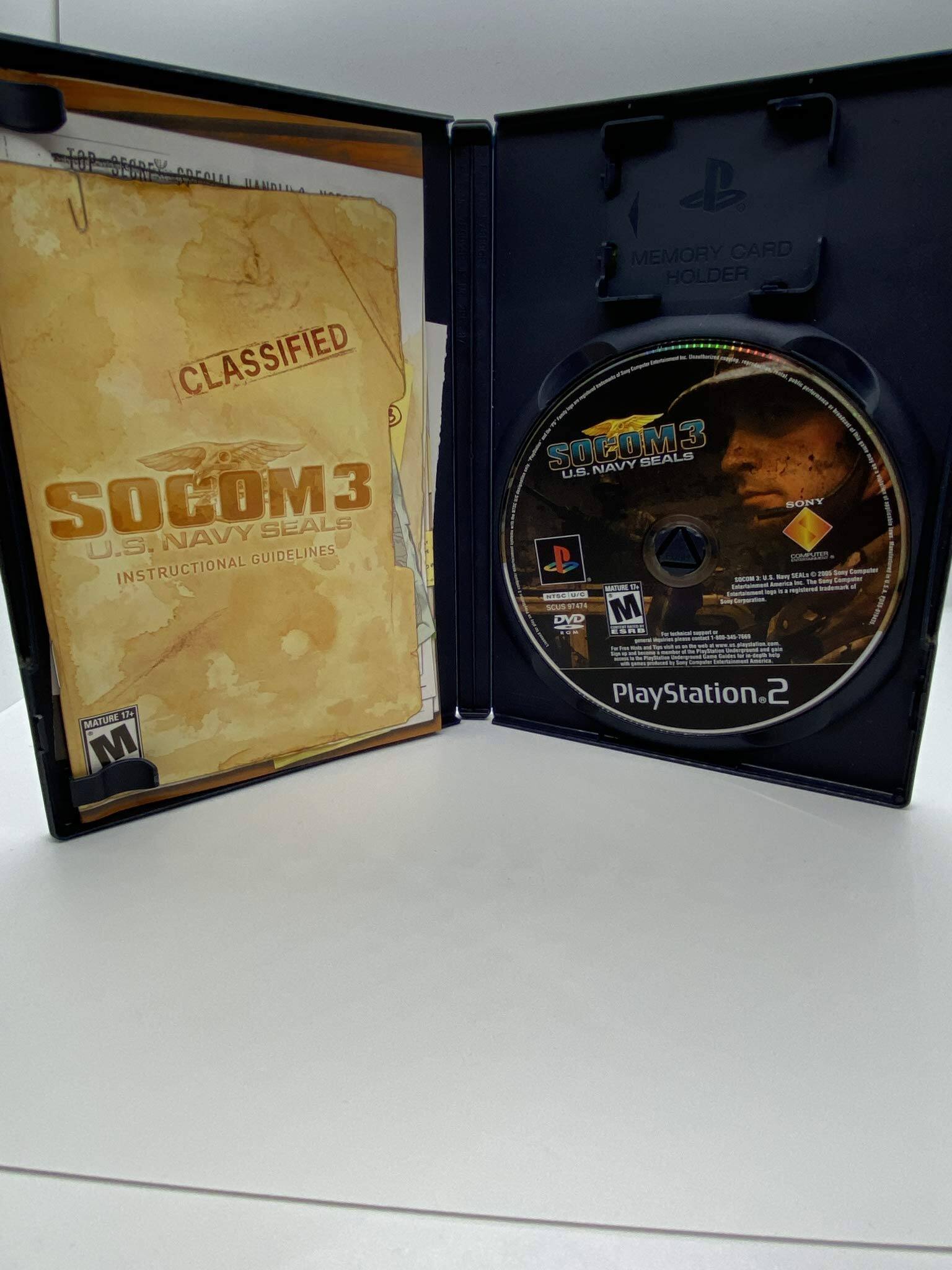 **Front Cover:**
- TOP SECRET - COVERT HANDLING ONLY
- CLASSIFIED
- SOCOM3 U.S. NAVY SEALS INSTRUCTIONAL GUIDELINES

**Back Cover:**
- SOCOM3 U.S. NAVY SEALS
- MATURE 17+
- M

**Disc:**
- SOCOM3 U.S. NAVY SEALS
- SONY
- MATURE 17+
- M
- DVD
- PlayStation 2
- SOCOM3 U.S. Navy Seals © 2005 Sony Computer Entertainment America LLC. Developed by a registered trademark of Sony Computer Entertainment America LLC. All rights reserved.

**Memory Card Holder:**
- MEMORY CARD HOLDER

**Additional Text:**
- Sam Compatter
- MALS
- Sam
- MATUts
- WE
- ar
- Ceporaton scUS STAE
- the MATURE M PlayStation.2