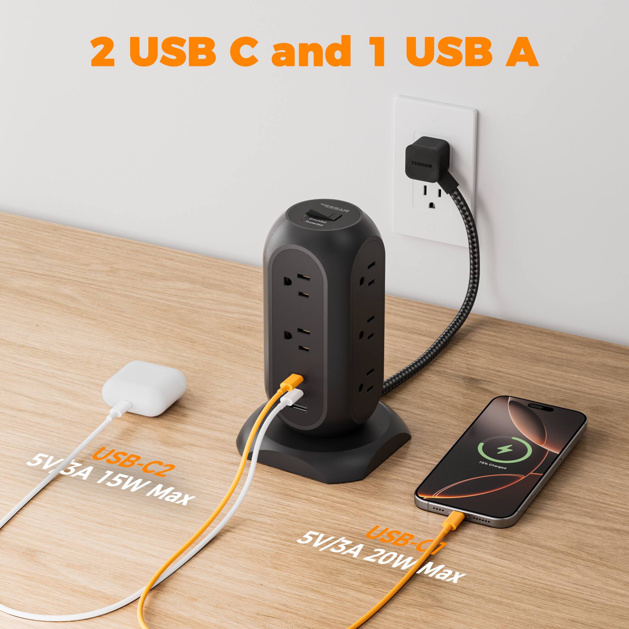 2 USB C and 1 USB A

TESCAR - TWESAY

USB-C2: 5V/3A 15W Max

USB-C1: 5V/3A 20W Max