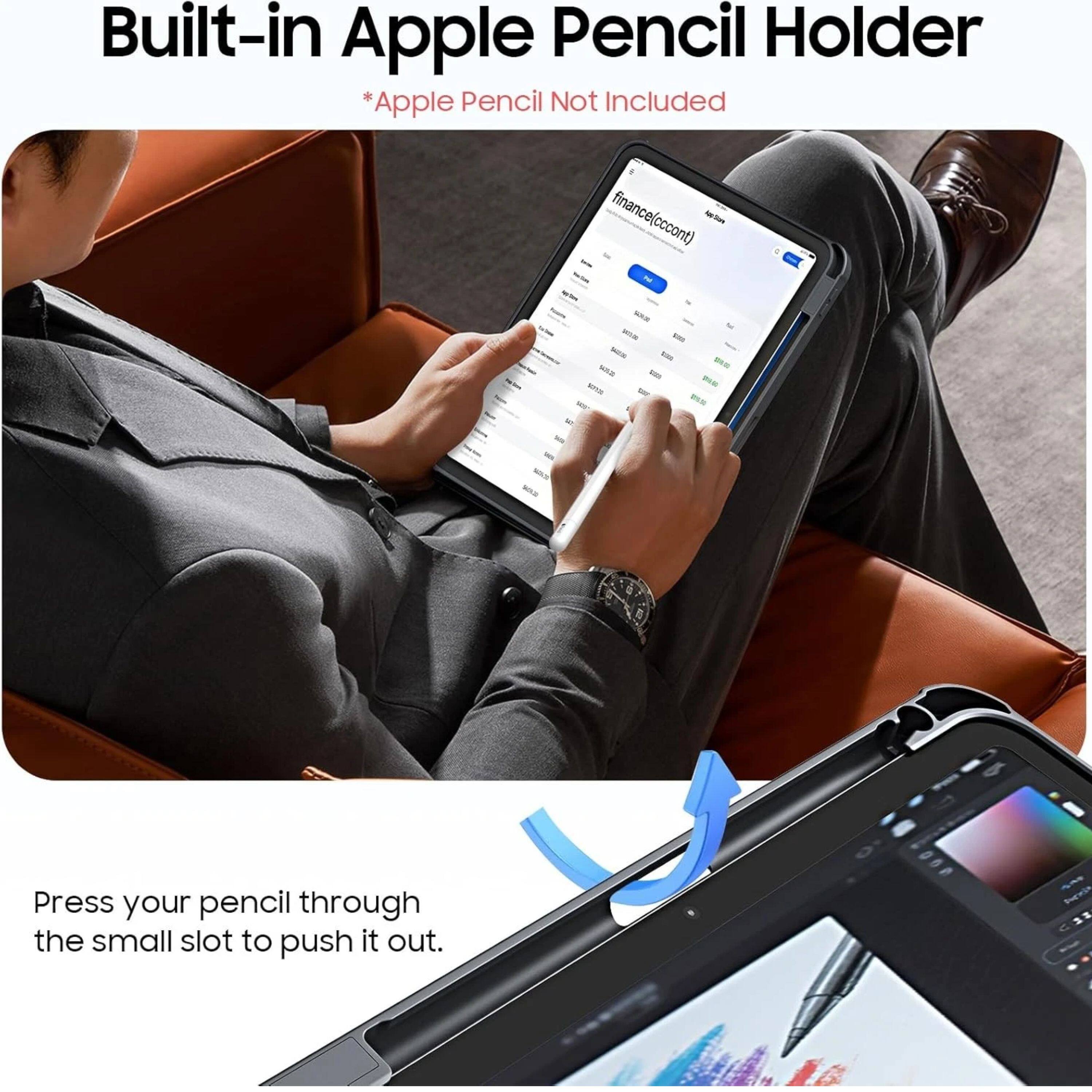 Built-in Apple Pencil Holder  
*Apple Pencil Not Included  

Press your pencil through the small slot to push it out.