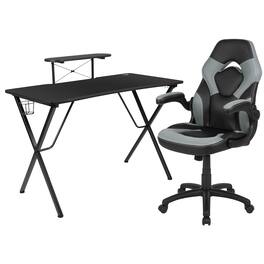 Emma + Oliver - Gaming Desk and Racing Chair Set with Headphone Hook, and Monitor Stand - Gray