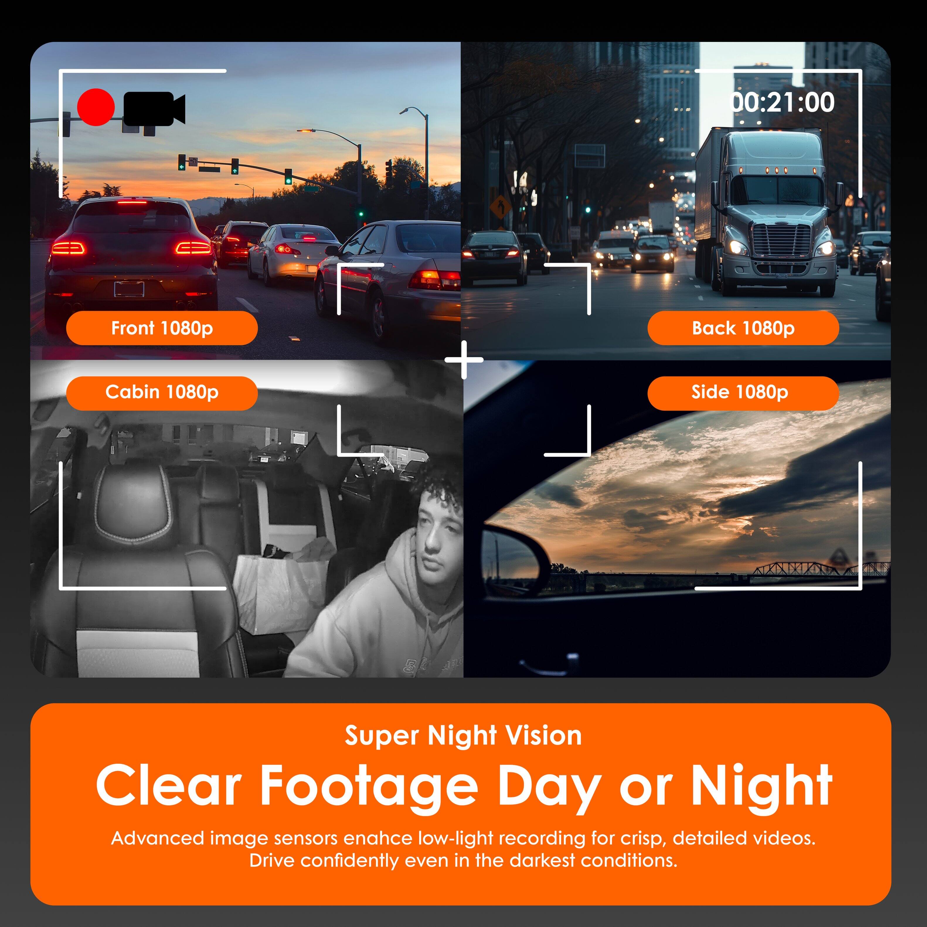 Front 1080p  
Cabin 1080p  
Back 1080p  
Side 1080p  

Super Night Vision  
Clear Footage Day or Night  

Advanced image sensors enhance low-light recording for crisp, detailed videos.  
Drive confidently even in the darkest conditions.