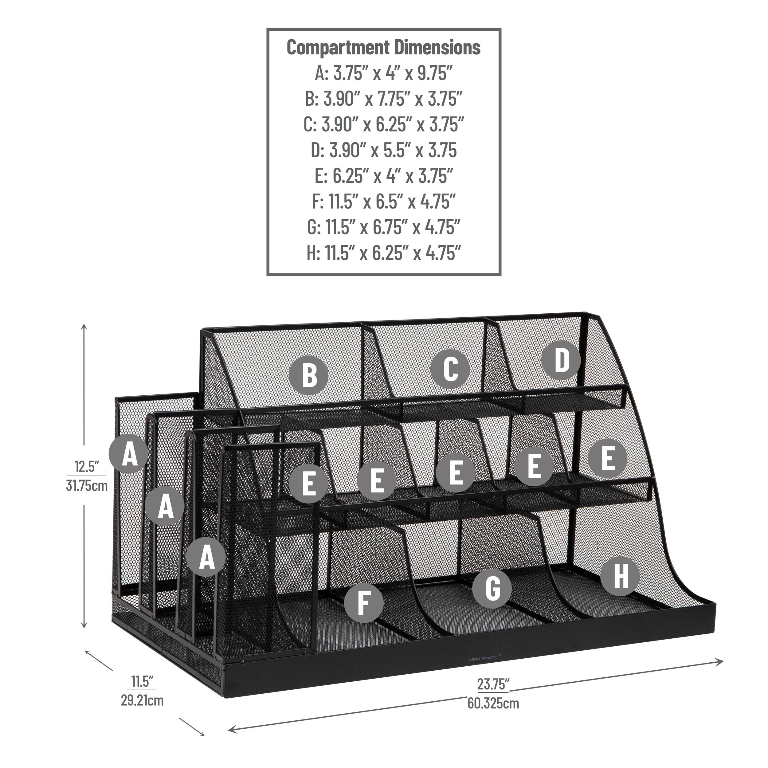 Left. Mind Reader - Cup and Condiment Station, Countertop Org, Coffee Bar, Kitchen, Metal Mesh, 23.75"L x 11.5"W x 12.5"H - Black.