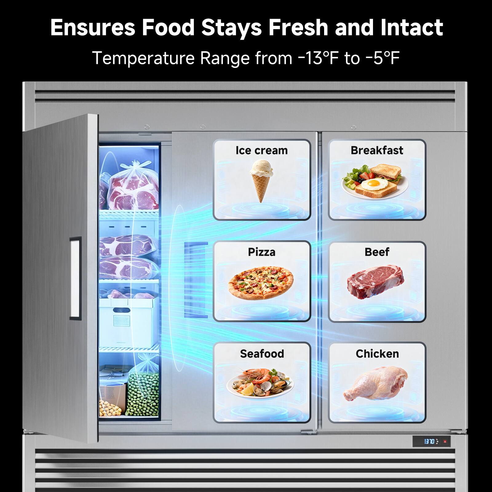 Ensures Food Stays Fresh and Intact  
Temperature Range from -13°F to -5°F  

Ice cream  
Breakfast  
Pizza  
Beef  
Seafood  
Chicken