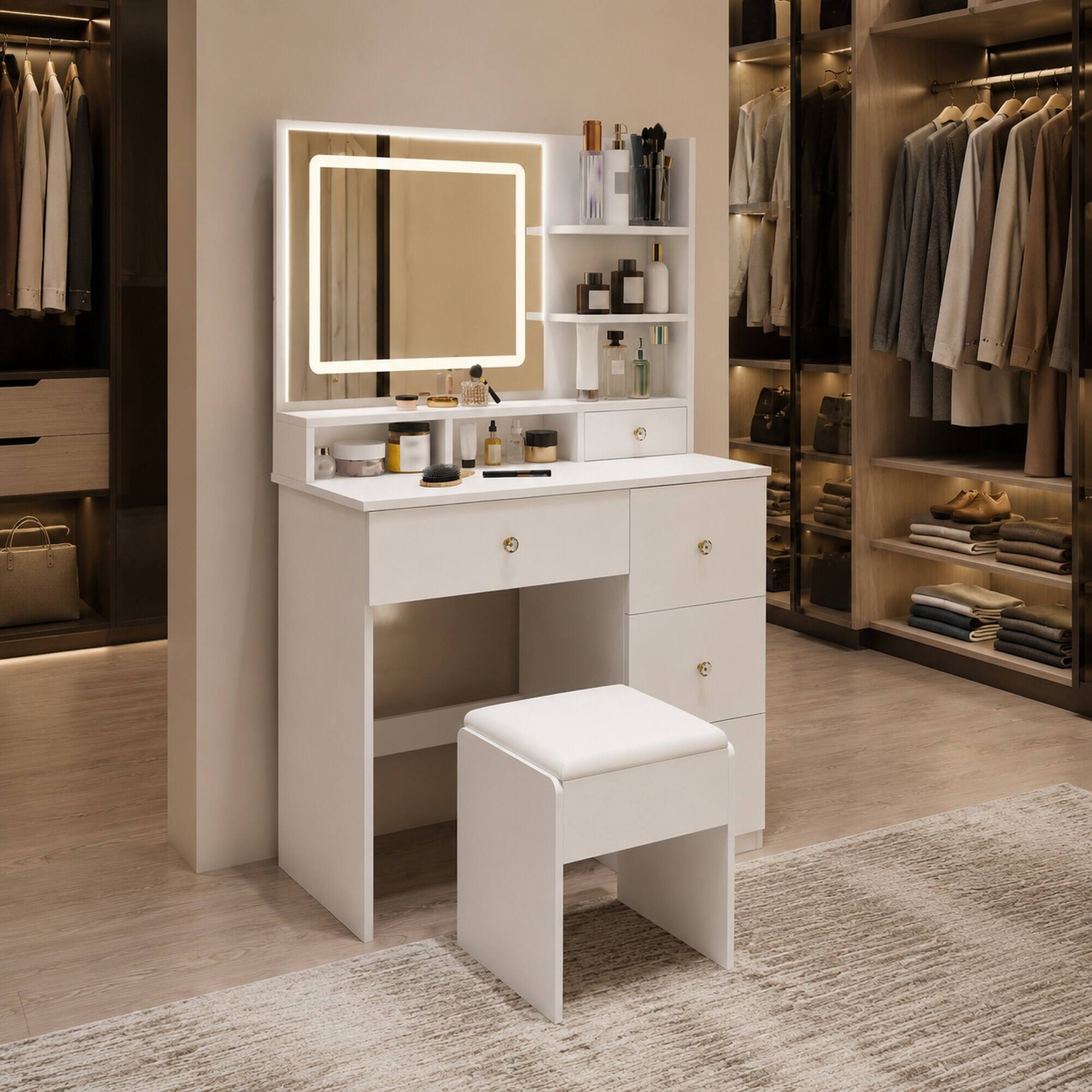 Left. RYHNUYNE - White Vanity Desk with Mirror, 3-Color Dimmable LED Lights, 4 Silent Drawers, Open Shelf, Makeup Table for Bedroom - White.