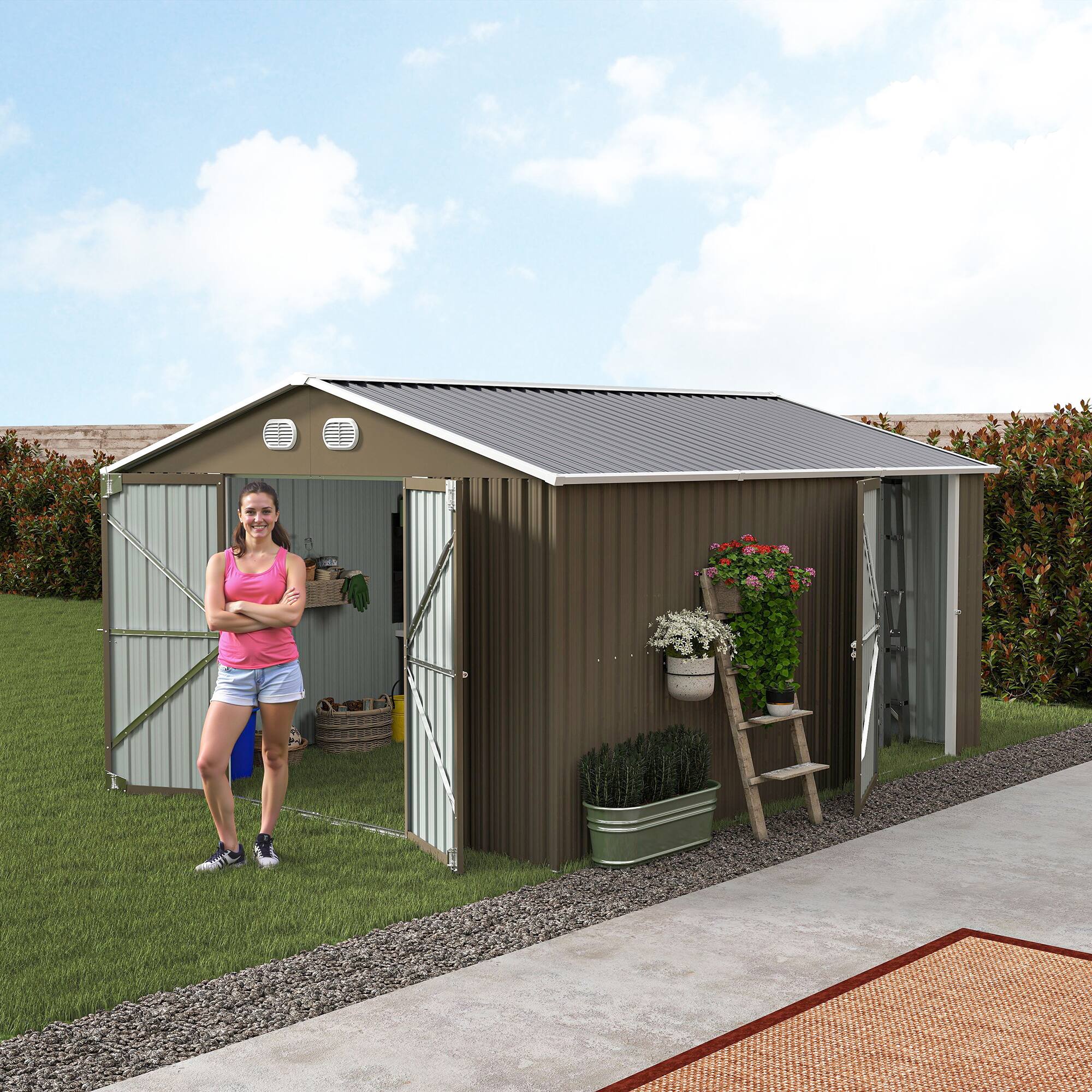 Alt View 5. Loheer - Loheer 10x12 Metal Storage Shed Large Backyard Tool Shed with Lockable Door Brown.