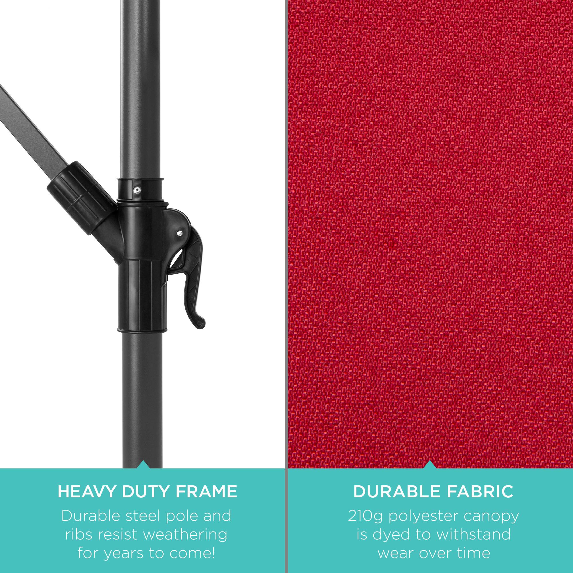 HEAVY DUTY FRAME  
Durable steel pole and ribs resist weathering for years to come!

DURABLE FABRIC  
210g polyester canopy is dyed to withstand wear over time