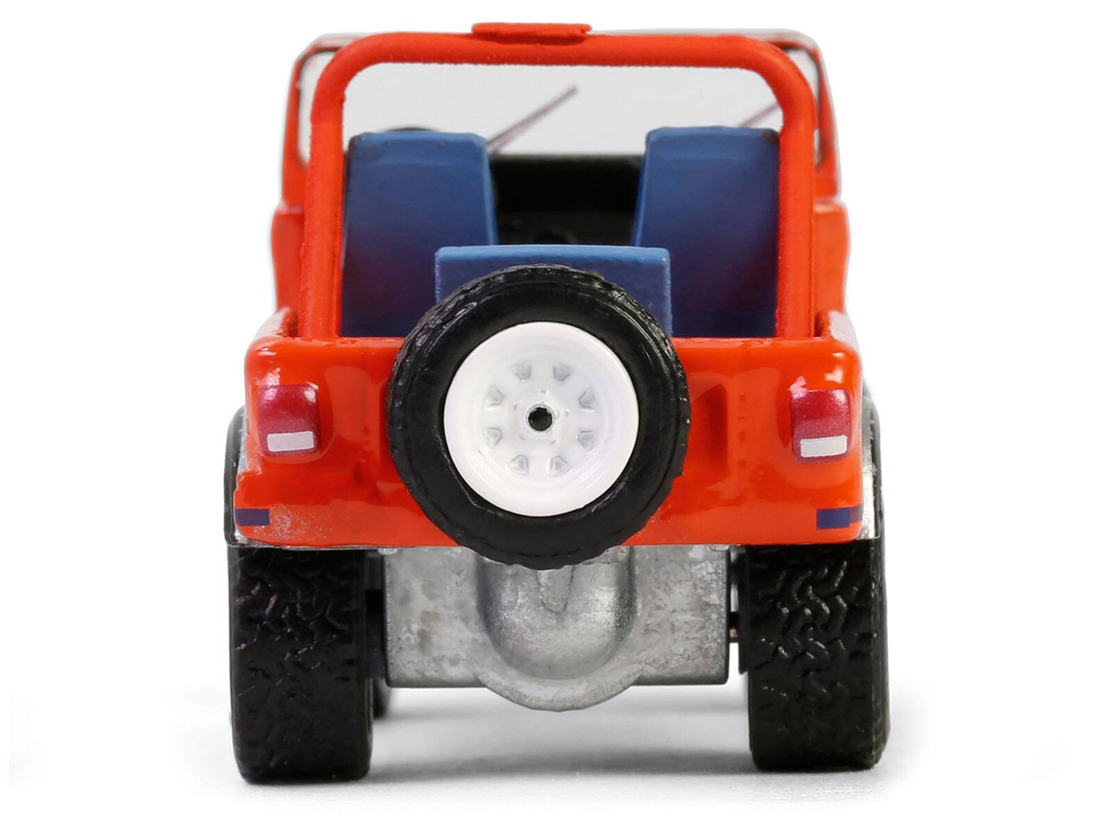 Back. Greenlight - 1979 Jeep CJ-7 Renegade Red Blue Stripes We Build 'em Tough Because You Play Rough Vintage Ad Cars Series 11 1/64 - Red with Blue Stripes.