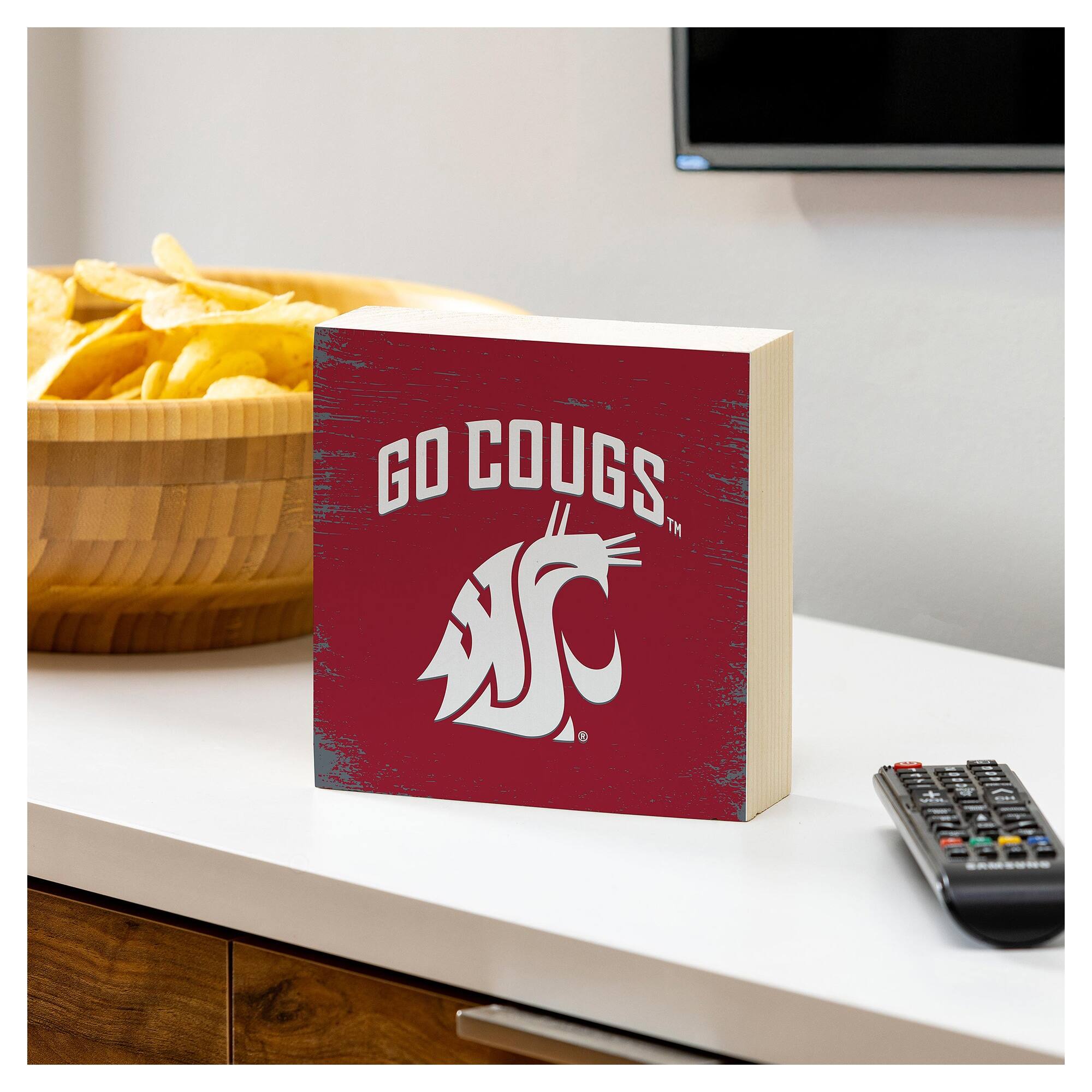 Alt View 2. Evergreen Enterprises - Washington State Cougars 6" Square Fan Chant Wood Block Shelf Sign - Multicolor.