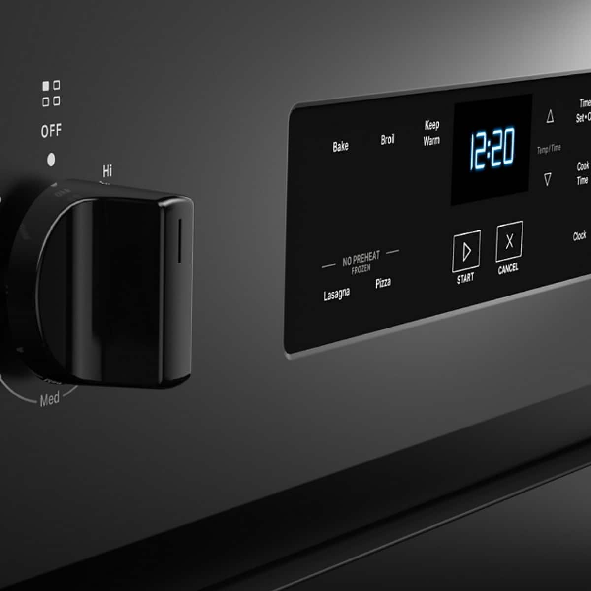 Sure, here is the corrected and grouped text from the image:
- **OFF**
- **Hi** (on the dial)
- **Med** (on the dial)
- **Bake**
- **Broil**
- **Keep Warm**
- **12:20** (displayed on the screen)
- **NO PREHEAT**
- **FROZEN**
- **Lasagna**
- **Pizza**
- **START**
- **CANCEL**
- **Clock**
- **Time Set+**
- **Cook Time**
- **Temp/Time**