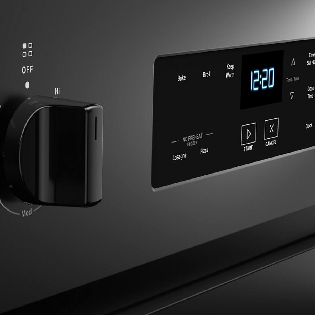 Sure, here is the corrected and grouped text from the image:

- **OFF**
- **Hi** (on the dial)
- **Med** (on the dial)
- **Bake**
- **Broil**
- **Keep Warm**
- **12:20** (displayed on the screen)
- **NO PREHEAT**
- **FROZEN**
- **Lasagna**
- **Pizza**
- **START**
- **CANCEL**
- **Clock**
- **Time Set+**
- **Cook Time**
- **Temp/Time**