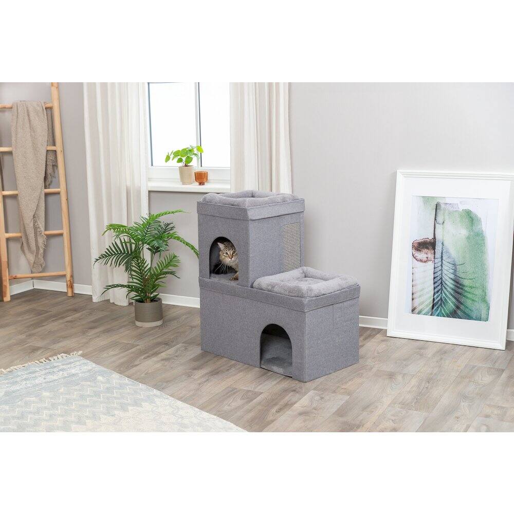 Angle. TRIXIE - Crazy Cube Stackable Cat Condo with Sisal Scratching Surface, Cozy Hideaway - Gray.
