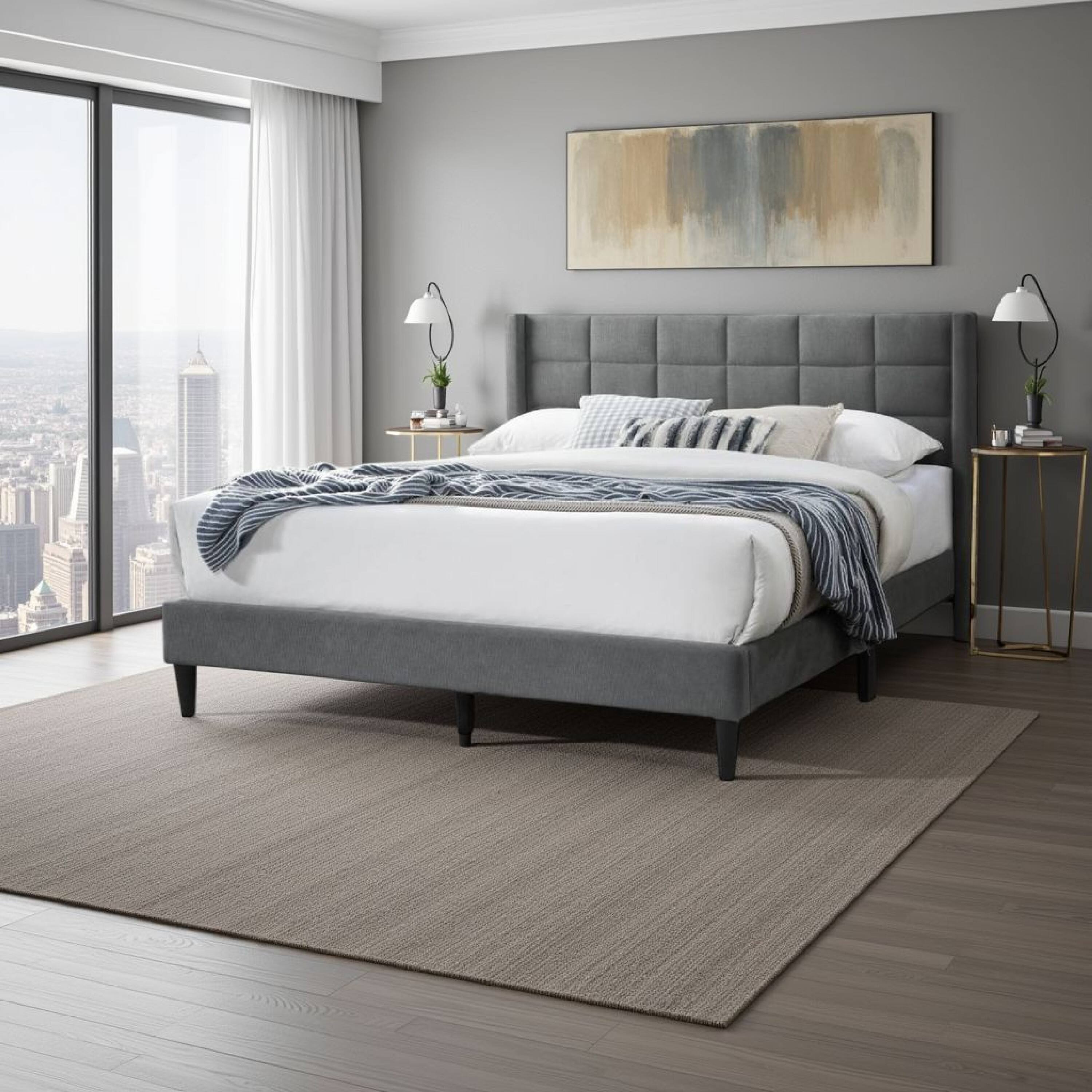 Alt View 5. Manhattan Lane - Meno Queen Size Bed, Square Stitched Slate Gray Linen Upholstery - Gray, Black.
