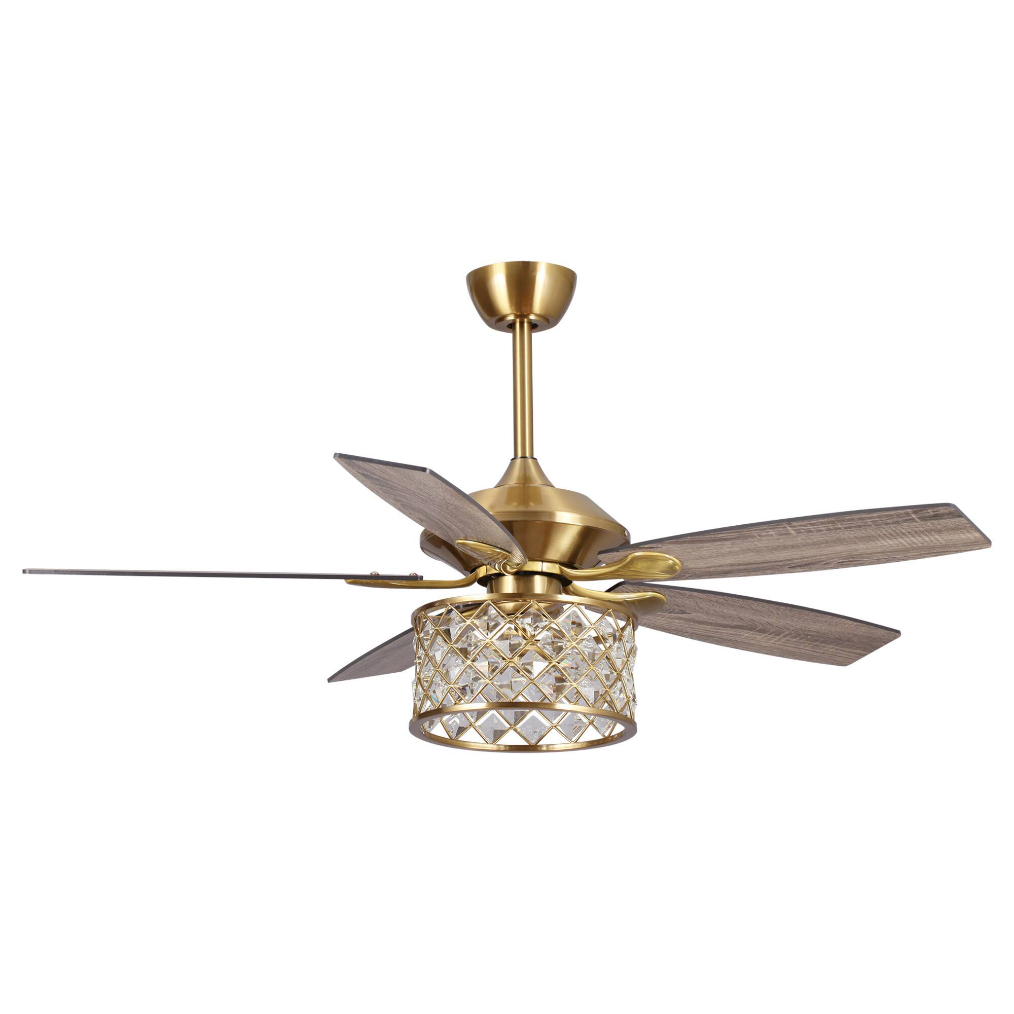 Alt View 4. Parrot Uncle - 52" Modern Wood 5-Blade Gold Crystal Ceiling Fan Fandelier with Remote and Light Kit - Gold.