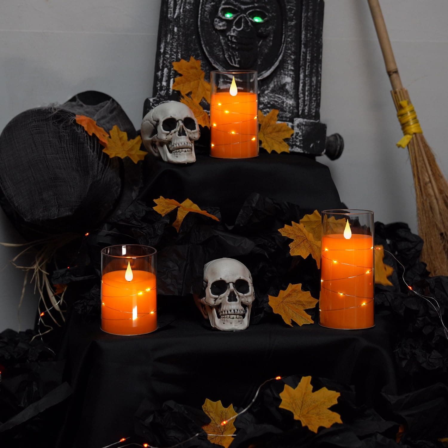 Alt View 4. FINEAK - Halloween Orange Flameless Candles with String Lights - Battery-Operated LED with Remote & Timer - Orange.