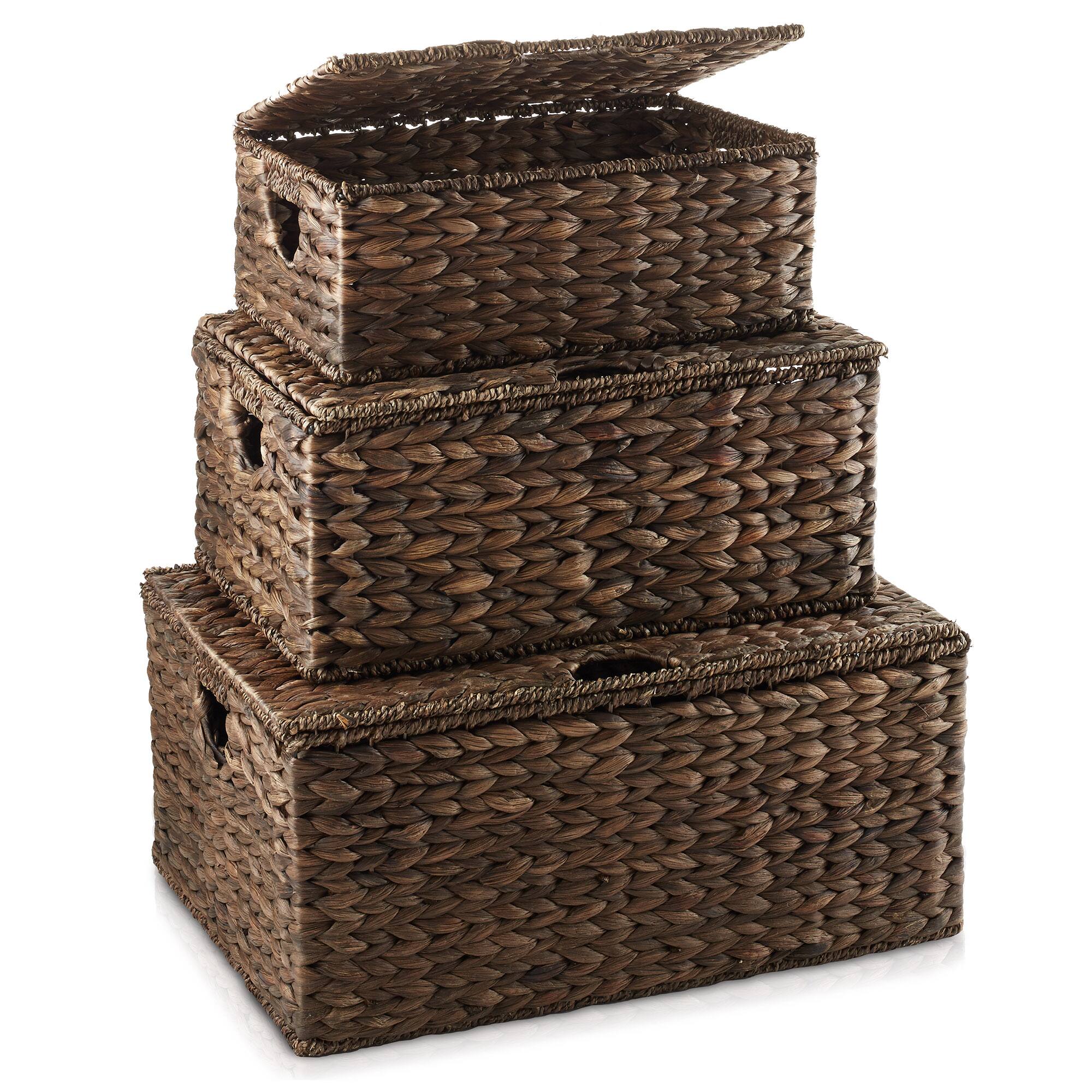 Alt View 2. Casafield - Water Hyacinth Rectangular Storage Baskets with Lids, Nesting Basket Sets - Espresso - Hyacinth.